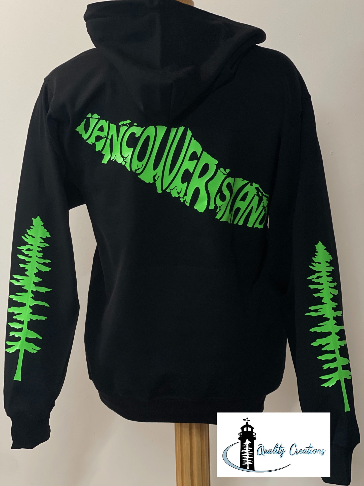 Vancouver island design with Sitka tree on arms, black hoodie, neon green design font, Campbell river, Courtney, Canada, qualitycreations247, Ontario, newbrunswick, nb, Salisbury, Moncton range