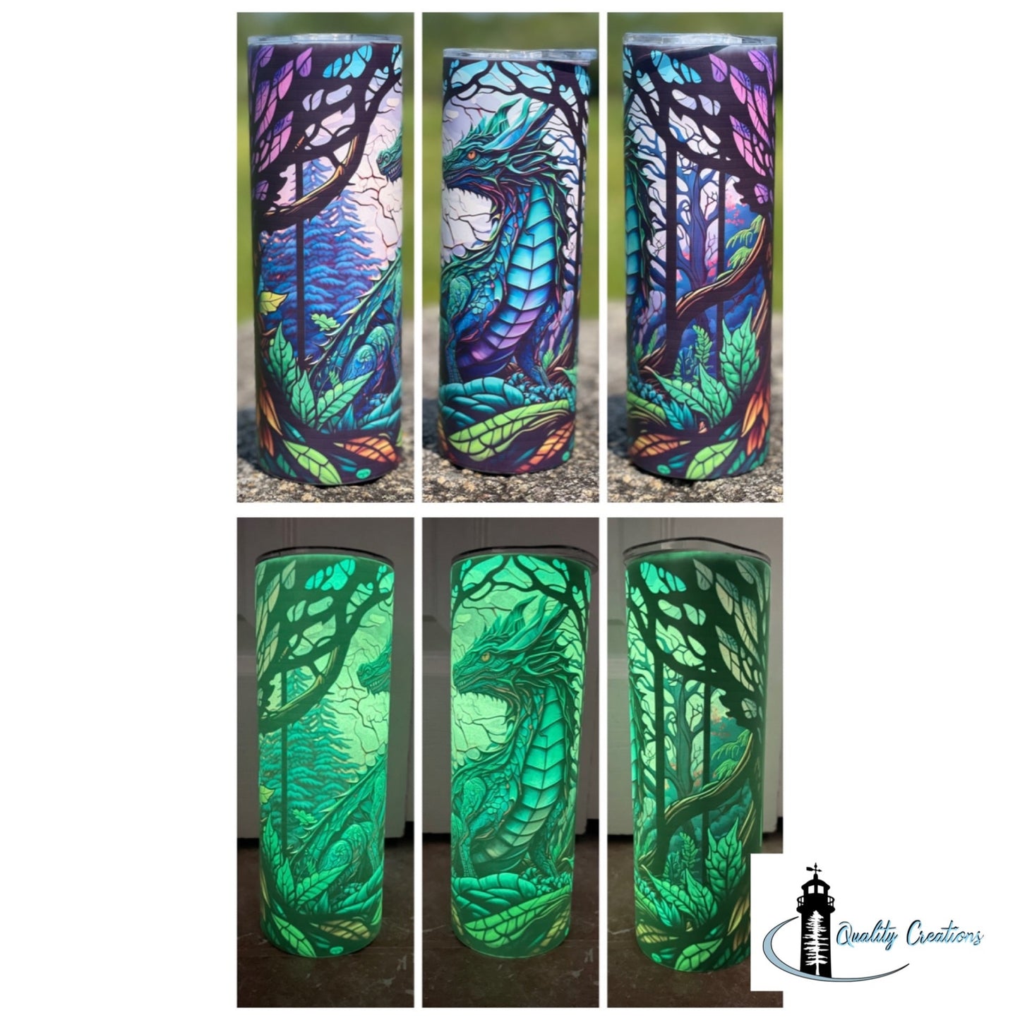 Glow-in-the-dark dragon tumbler with fantasy forest artwork, available in Moncton, Salisbury, and across New Brunswick Canada – custom printed by Quality Creations