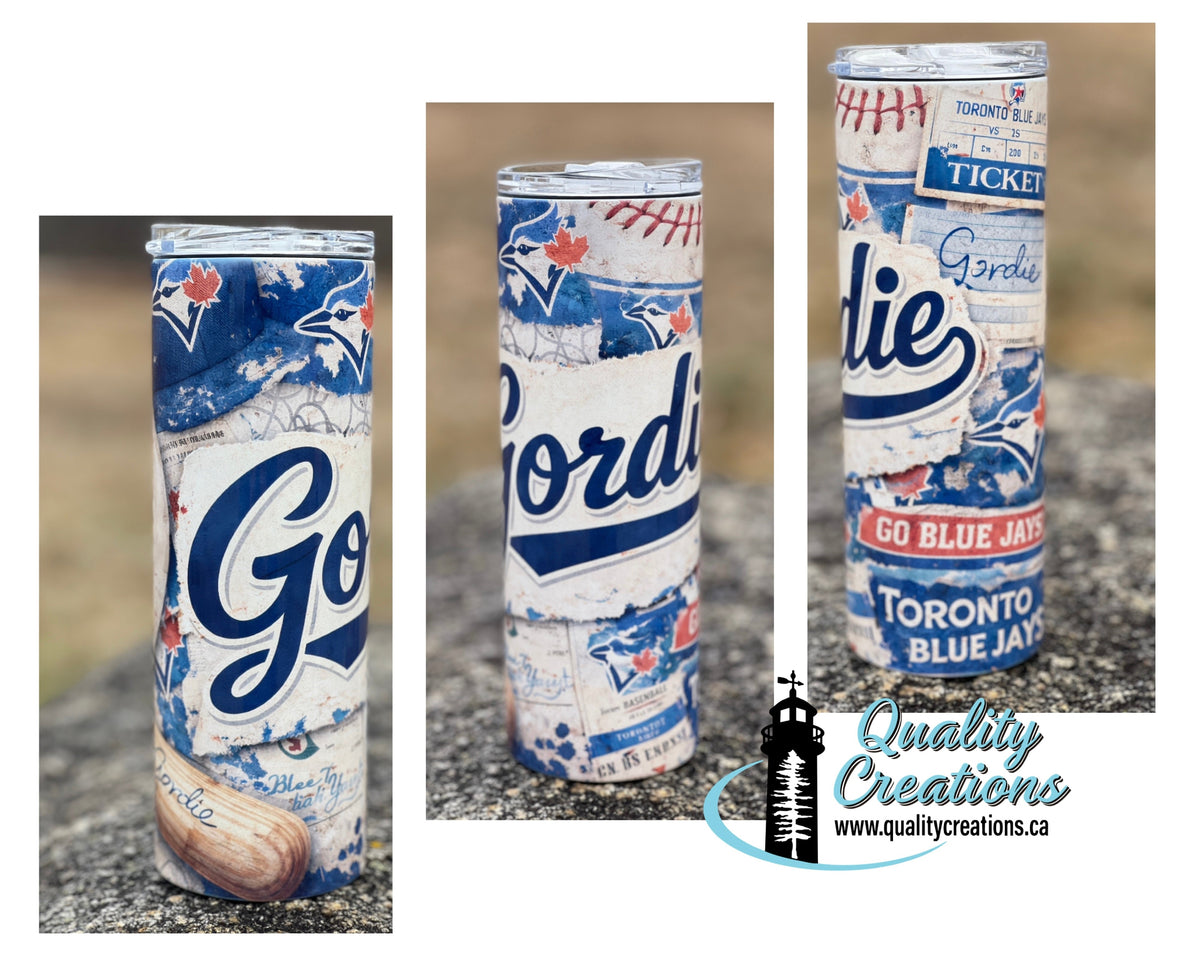 Gordie blue Three cylindrical decorative tumbler styled with baseball graphics, shown in a collage with a Quality Creations watermark.
