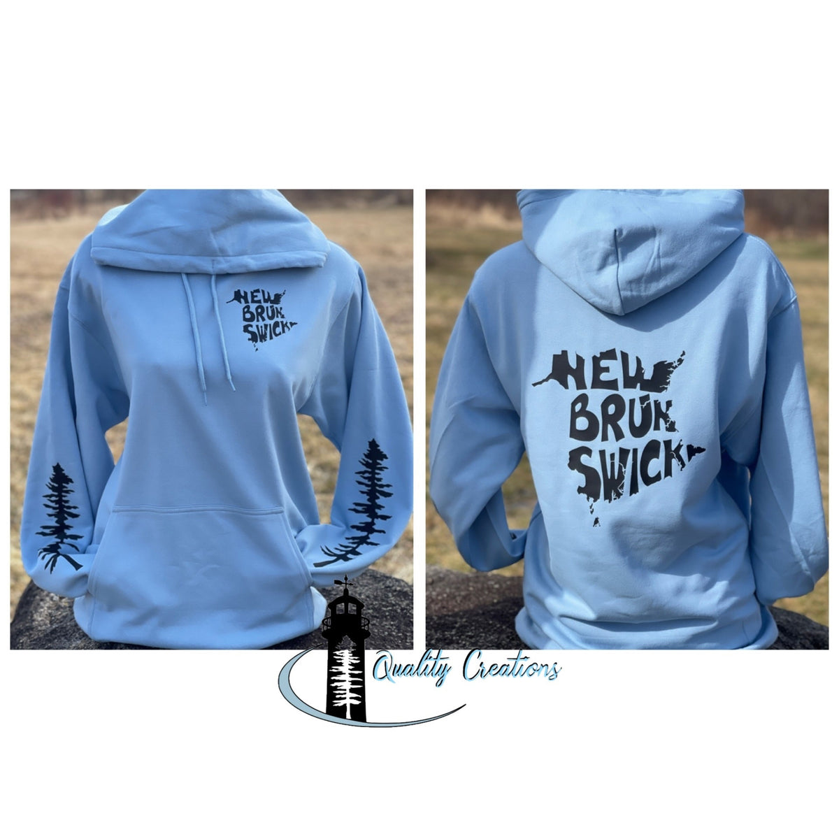 A light blue pullover hoodie shown from both front and back in a side-by-side collage. The front has a small 'New Brunswick' text print on the upper back of the hood and black tree graphics running down both sleeves.