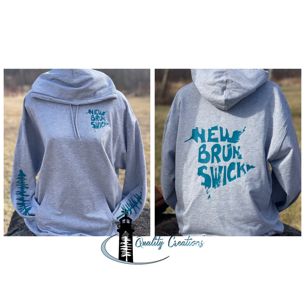 gray pullover hoodie shown from both front and back. The front has a small blue 'New Brunswick' text print on the chest and blue tree graphics on the sleeves.