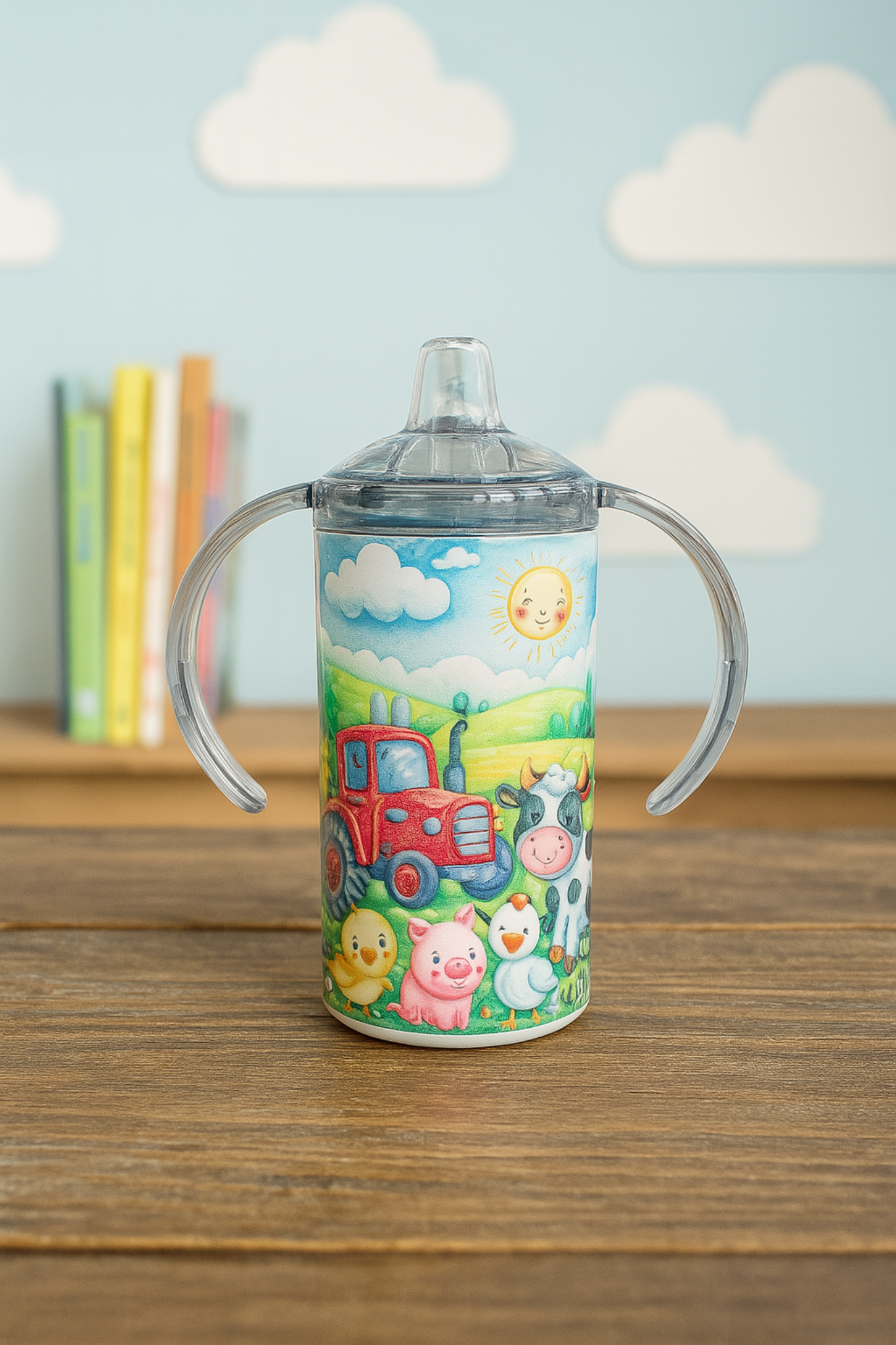 Farm-themed toddler sippy cup with red tractor and cute animals, shown on a wooden surface with books and cloud wallpaper in the background