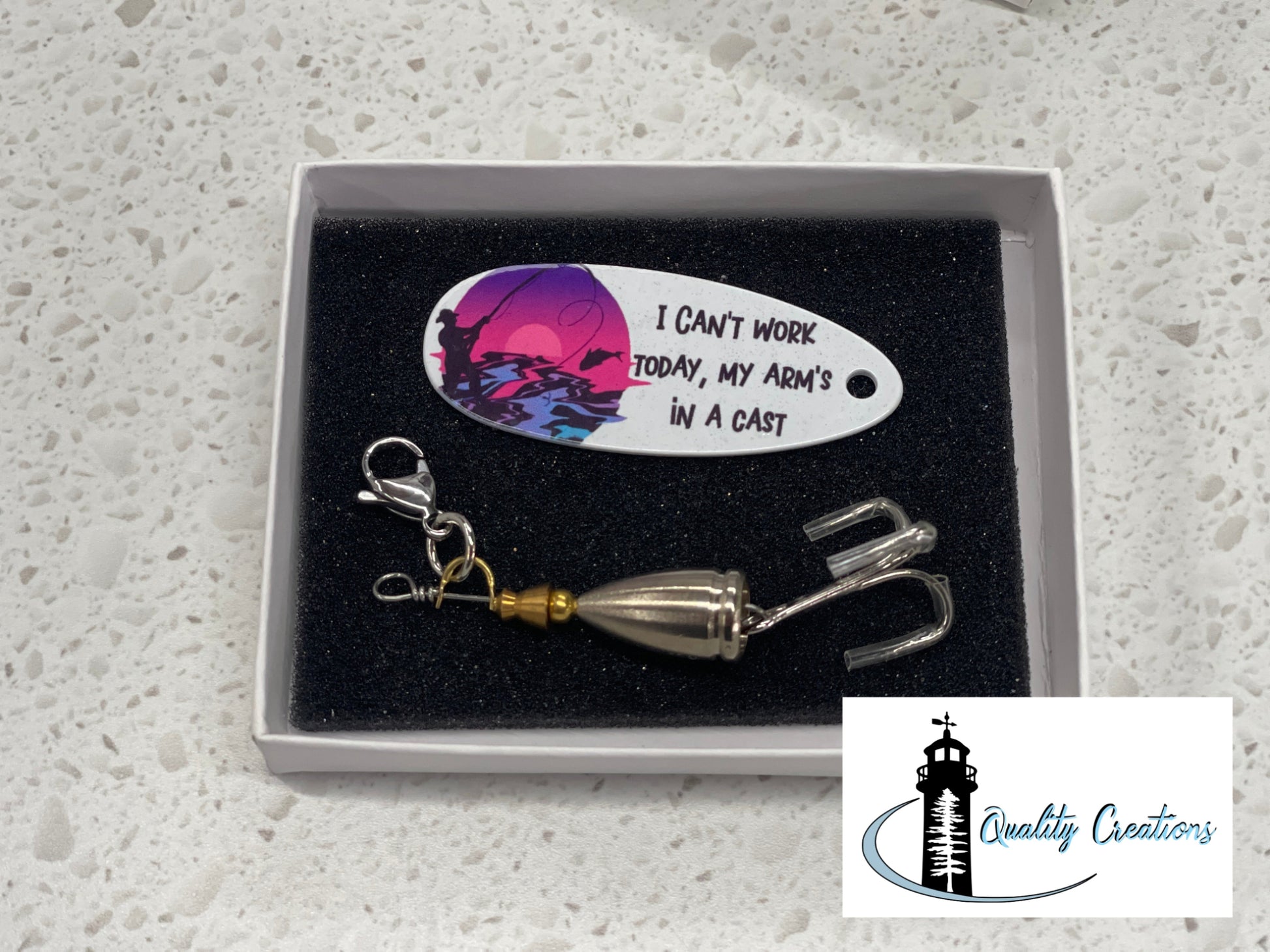 Funny fishing lure with “I can’t work today, my arm’s in a cast” quote – gift boxed, designed in Salisbury New Brunswick Canada