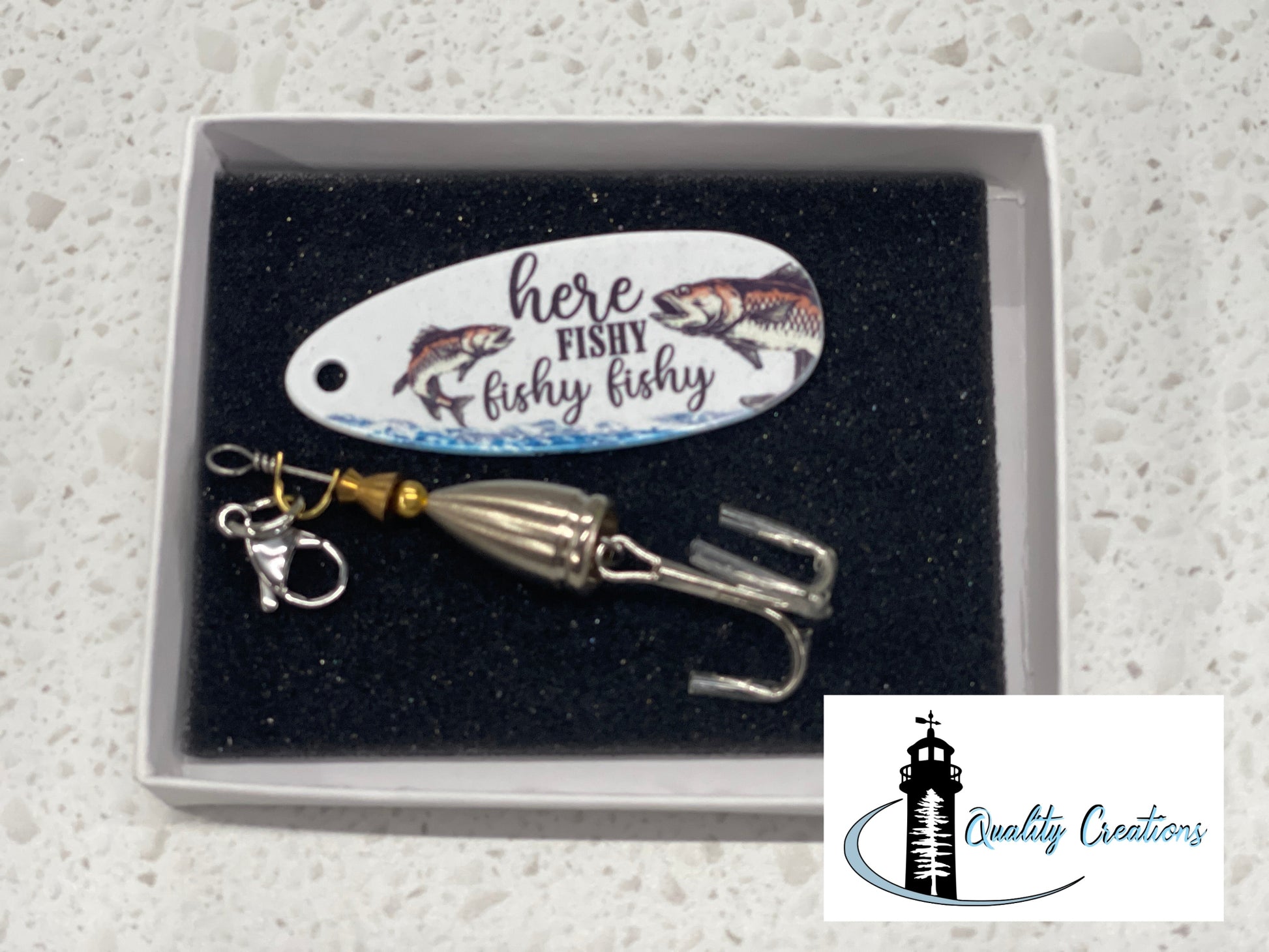 Working fishing lure with “Here fishy fishy fishy” and fish graphic – Canadian gift idea from Moncton New Brunswick