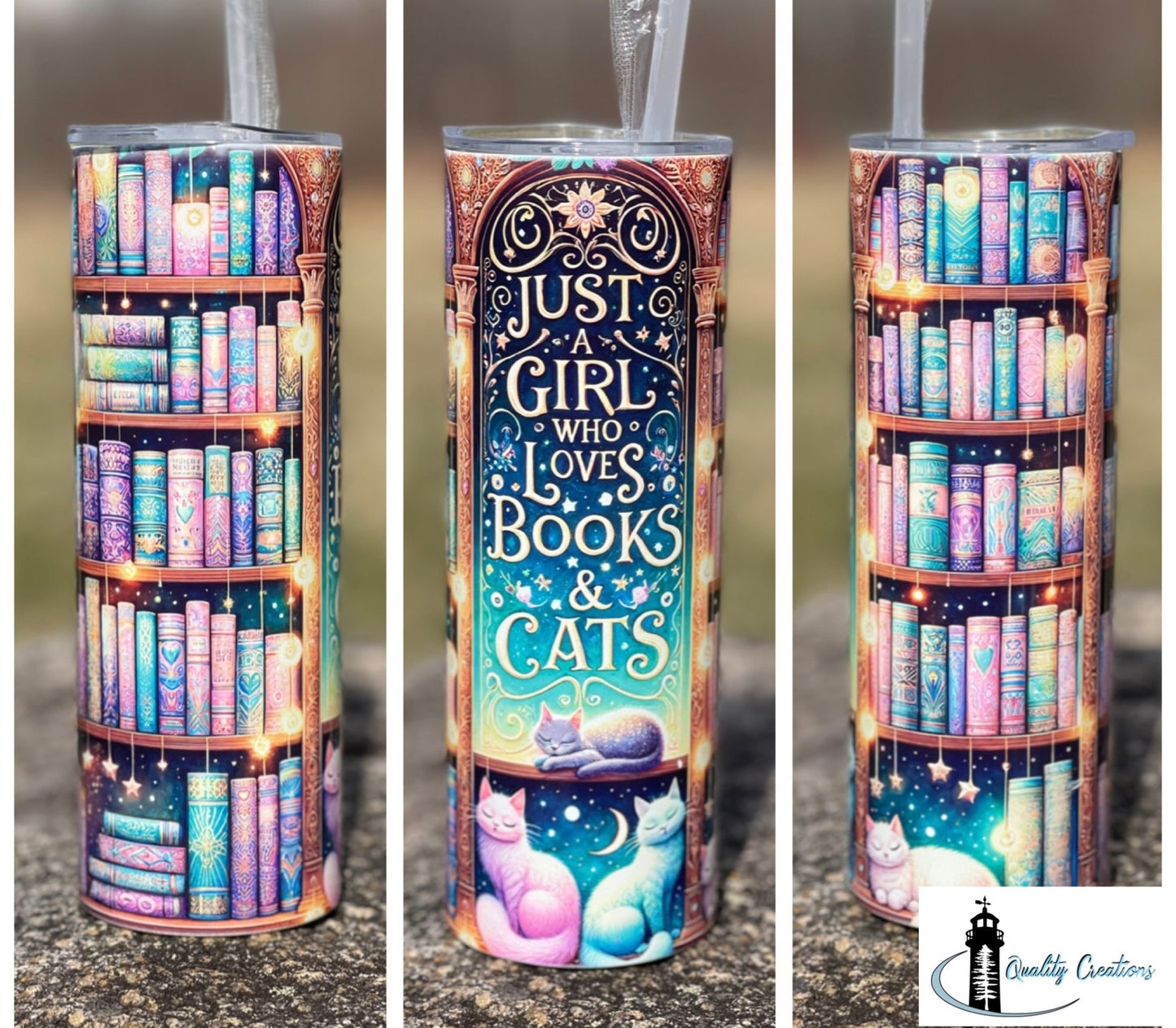 20oz tumbler with a colourful bookshelf design and the phrase Just a Girl Who Loves Books and Cats, displayed outdoors with Quality Creations branding.