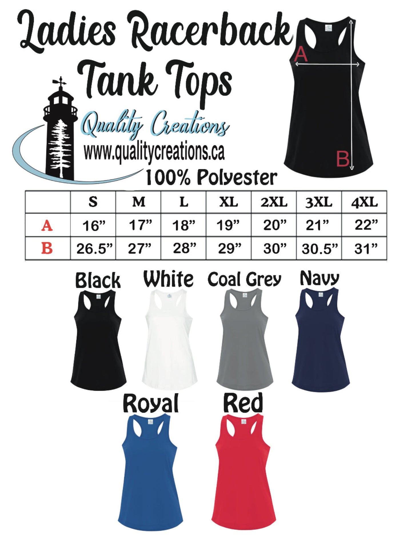 Ladies racerback tank tops size chart with A and B measurements, 100% polyester note, and colour options including black, white, coal grey, navy, royal, and red, shown on a white background with Quality Creations branding.