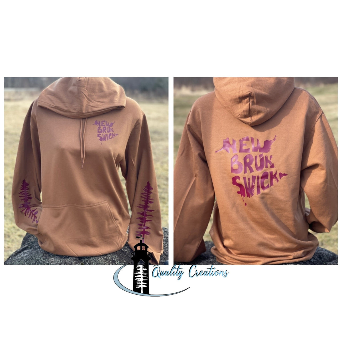 New Brunswick hoodie chest, back, and sleeve design shown in front and back views, custom hoodie by Quality Creations in New Brunswick