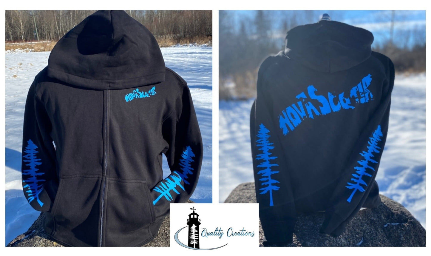 Nova Scotia hoodie featuring the province’s shape, handmade in Canada. Perfect for East Coast pride, available in black or custom colours. Blue font. Cape Breton