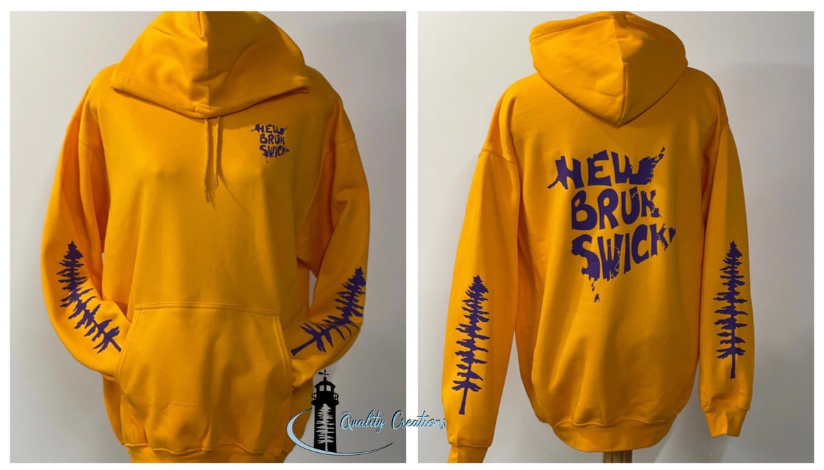 Gold New Brunswick hoodie with purple New Brunswick back graphic, pine tree sleeve designs, and matching chest logo, custom apparel from Salisbury, New Brunswick, Canada.