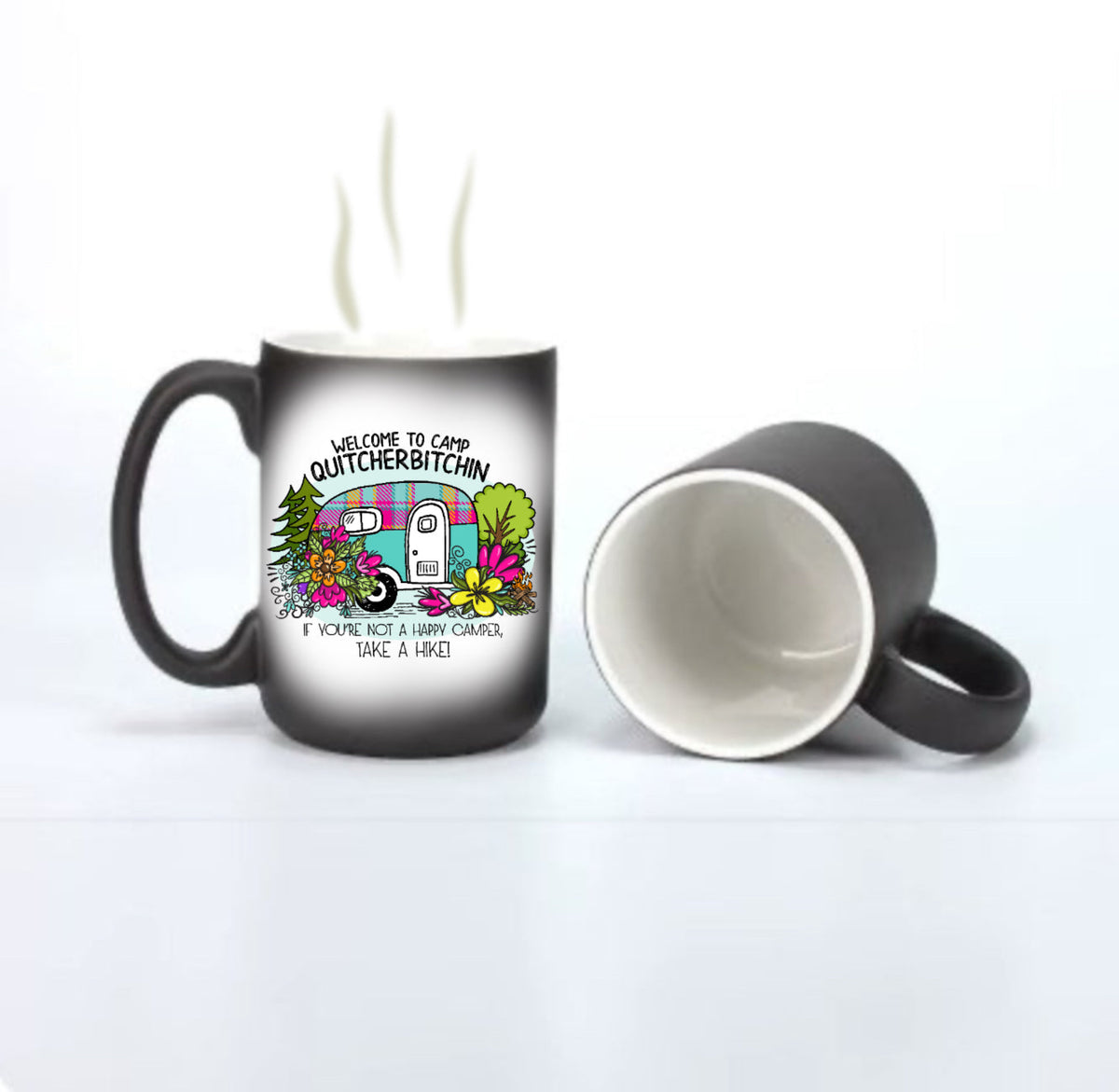 15 oz magic mug showing colour-changing effect with Quitcherbitchin camper design – before and after comparison
