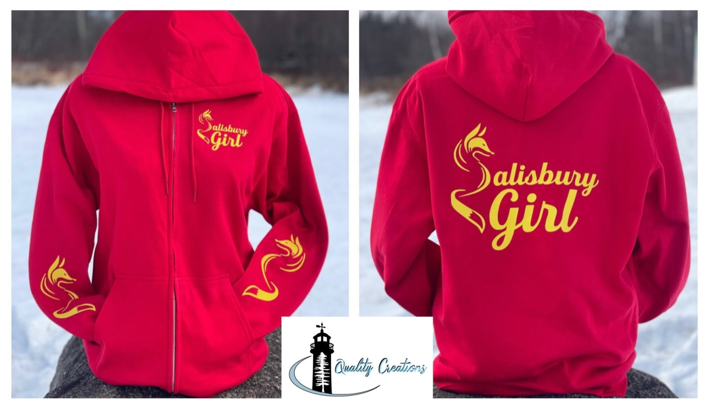 Red zip-up Salisbury Girl hoodie with yellow text and fox designs on both sleeves. Inspired by the Silver Fox heritage of Salisbury, New Brunswick, Canada.
