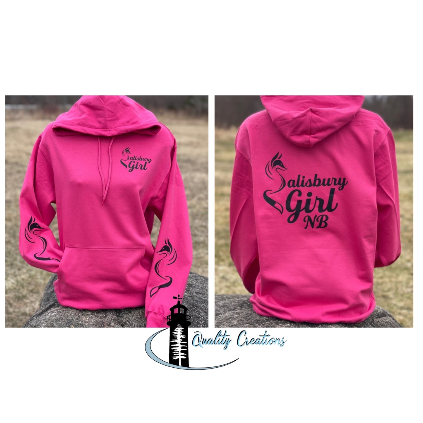 Sangria pink Salisbury Girl hoodie with black NB text and fox sleeve designs. Great for locals from Salisbury, Moncton, Sussex, and Hampton, New Brunswick—home of the Silver Fox.