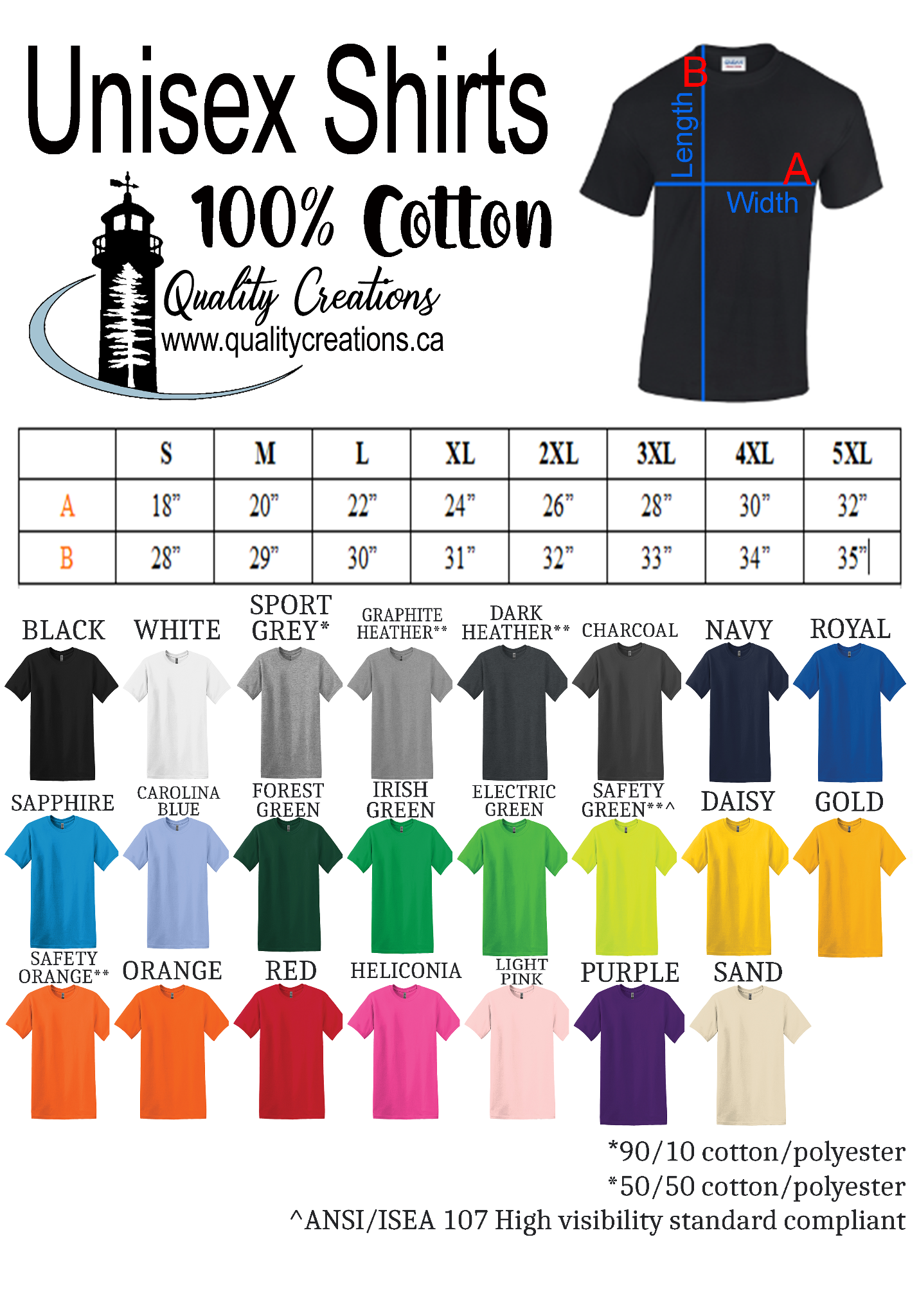 Unisex shirt size chart with measurements from S to 5XL and available colour options for Quality Creations, a Canadian custom printing business.