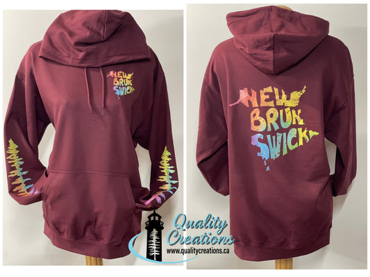 Custom New Brunswick maroon coloured hoodie made in Canada by Quality Creations featuring colourful rainbow East Coast inspired design and Sitka tree sleeve graphics