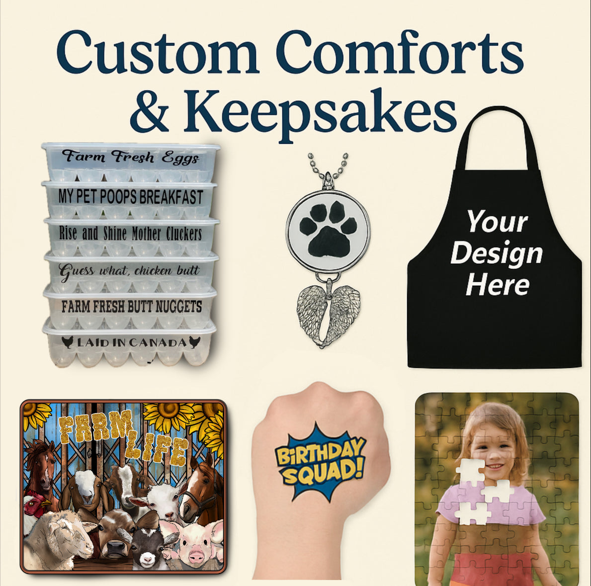 Custom Comforts & Keepsakes from Quality Creations featuring personalized gifts and practical items like funny egg cartons, memorial jewelry, custom aprons, mousepads, temporary tattoos, and photo puzzles. Canada
