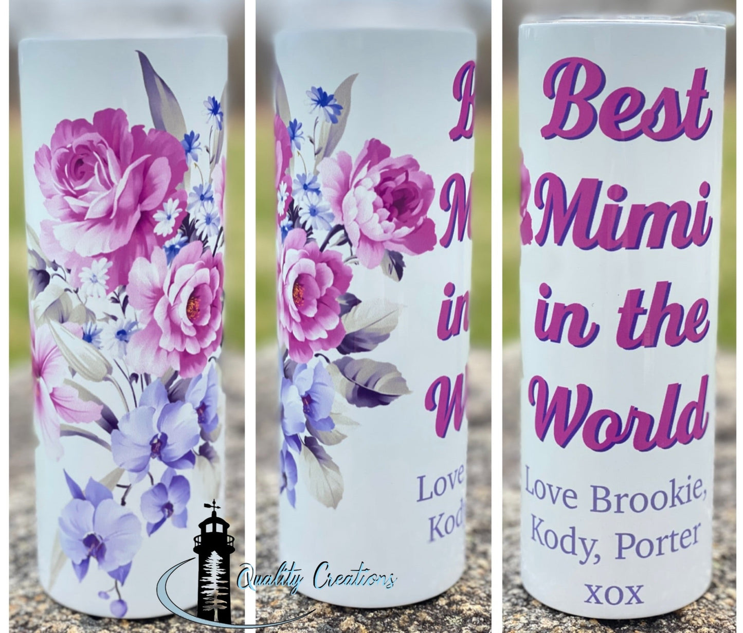  tumbler with a floral print of pink, purple, and blue flowers, featuring personalized text 'Best Mimi in the World' and names 'Love Brooke, Kody, Porter' on a stone surface.