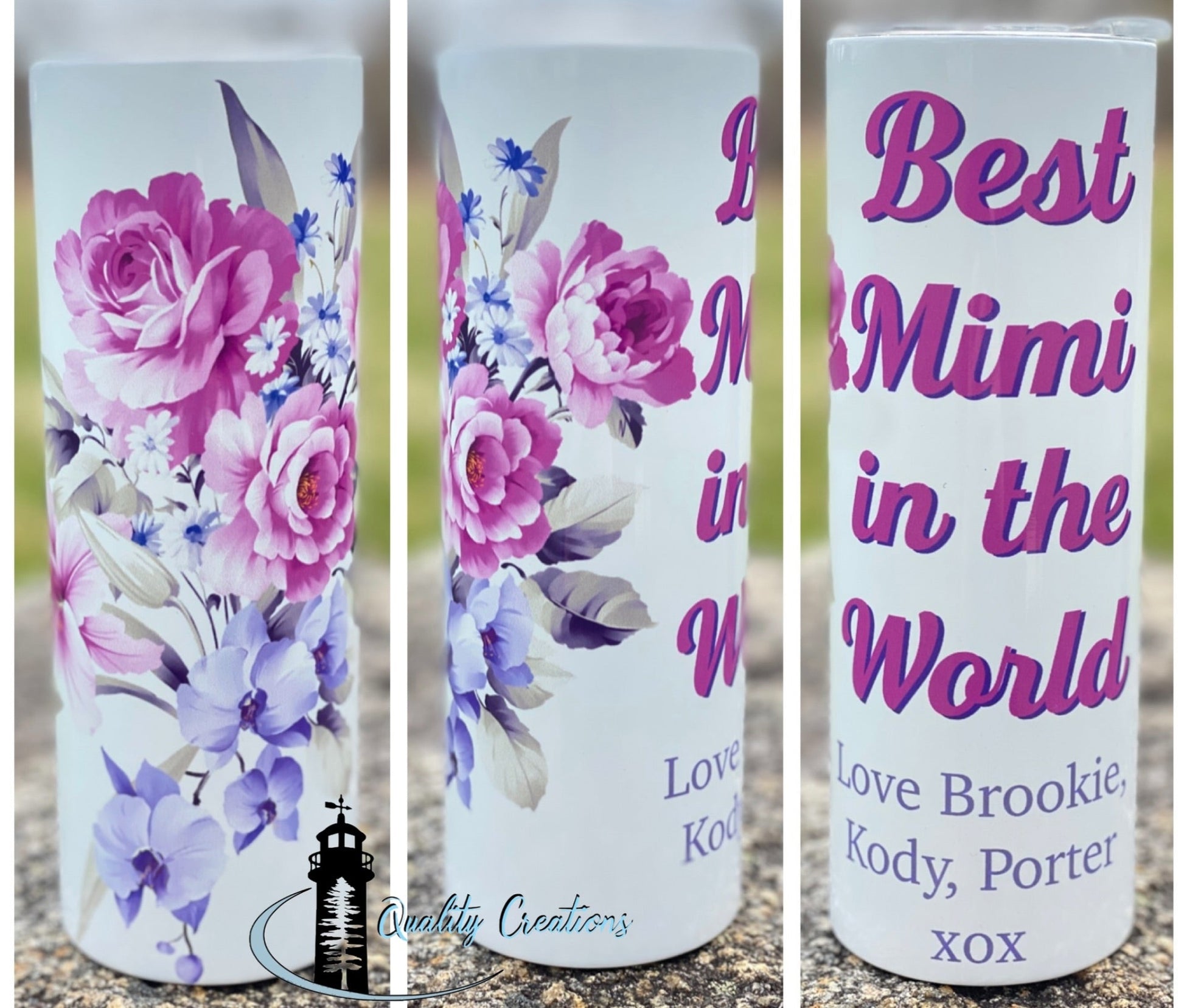  tumbler with a floral print of pink, purple, and blue flowers, featuring personalized text 'Best Mimi in the World' and names 'Love Brooke, Kody, Porter' on a stone surface.