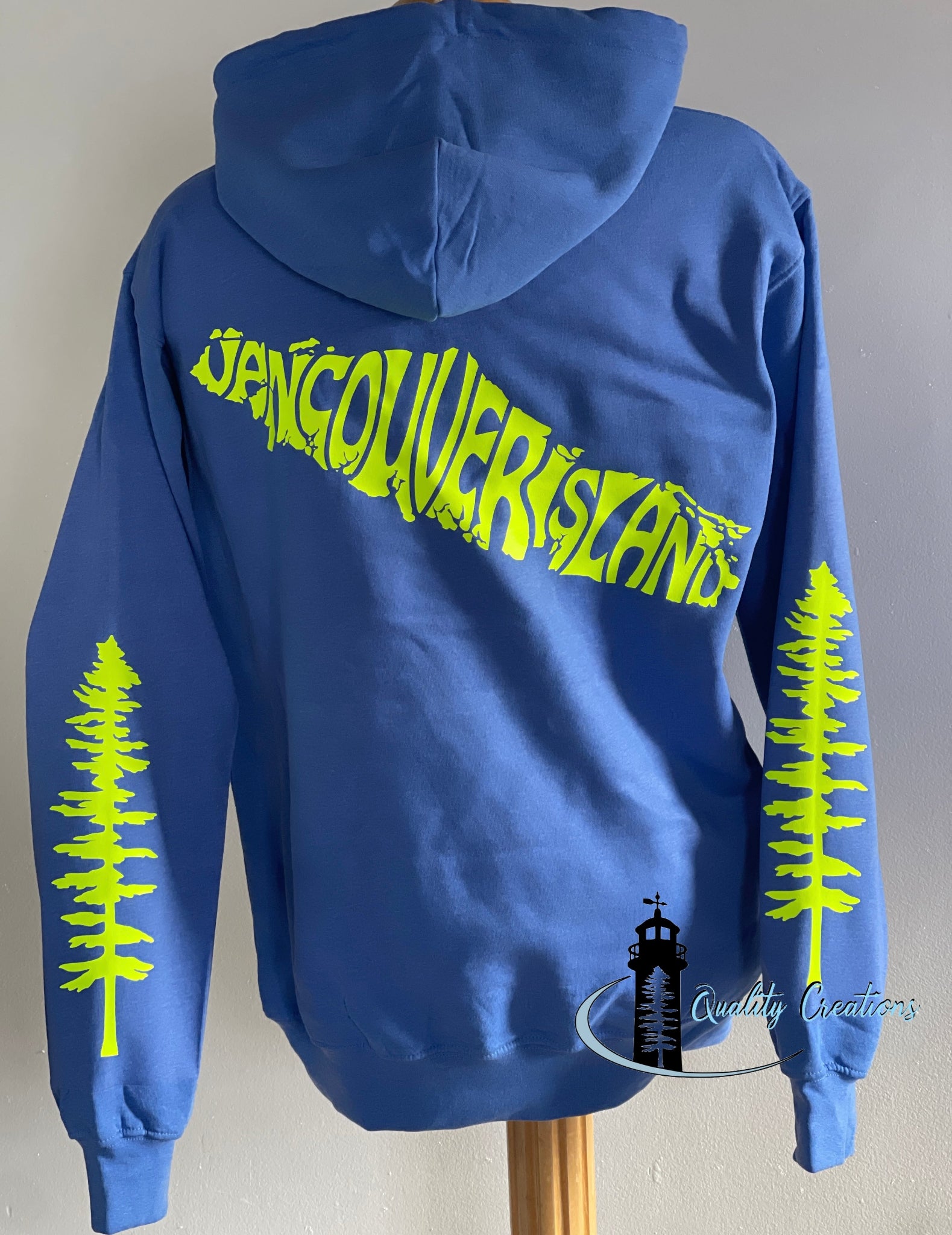 Vancouver island design with Sitka tree on arms, blue hoodie, neon yellow design font, Campbell river, Courtney, Canada, qualitycreations247, Ontario, newbrunswick, nb, Salisbury, Moncton range 