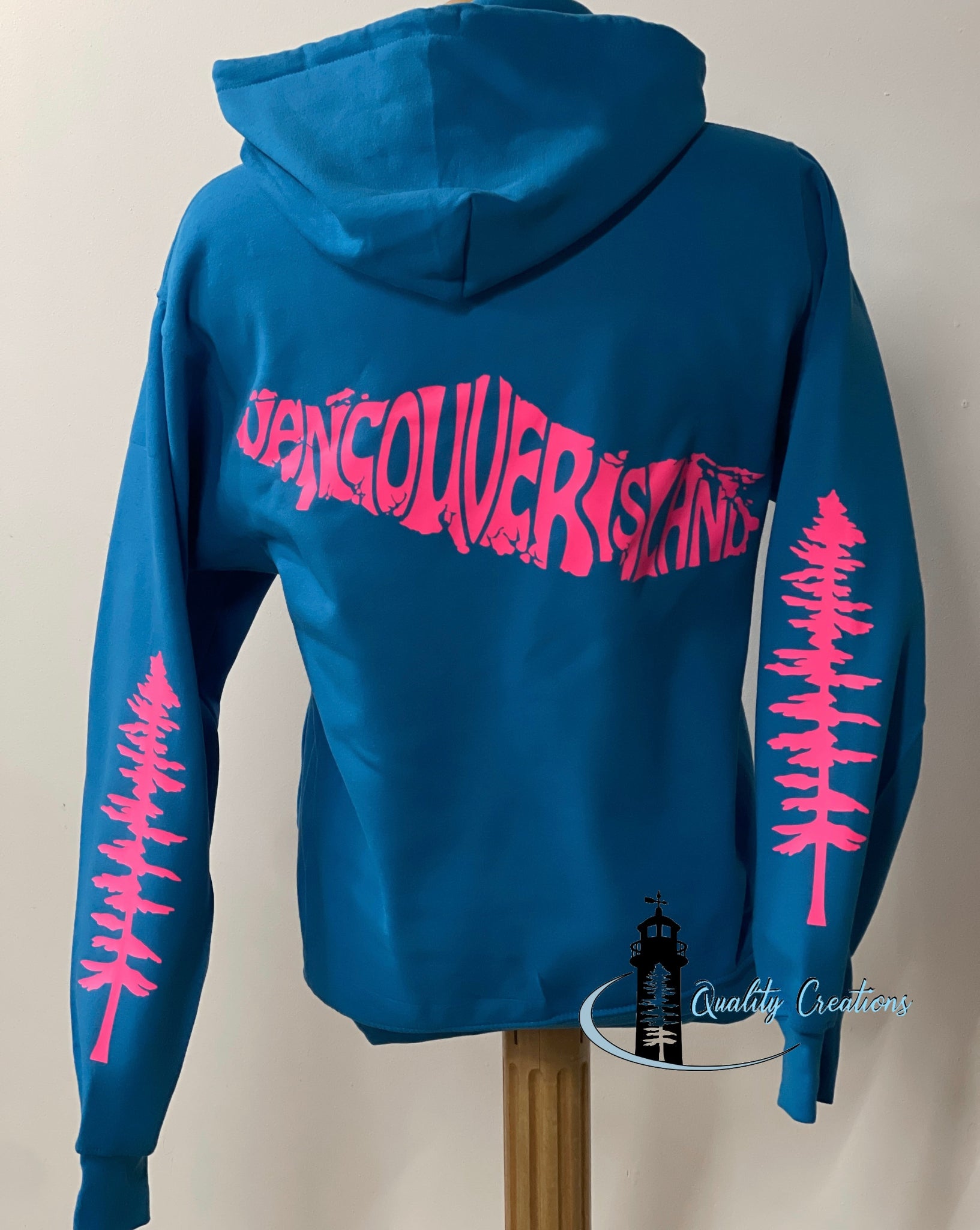 Vancouver island design with Sitka tree on arms, blue hoodie, hot pink design font, Campbell river, Courtney, Canada, qualitycreations247, Ontario, newbrunswick, nb, Salisbury, Moncton range 