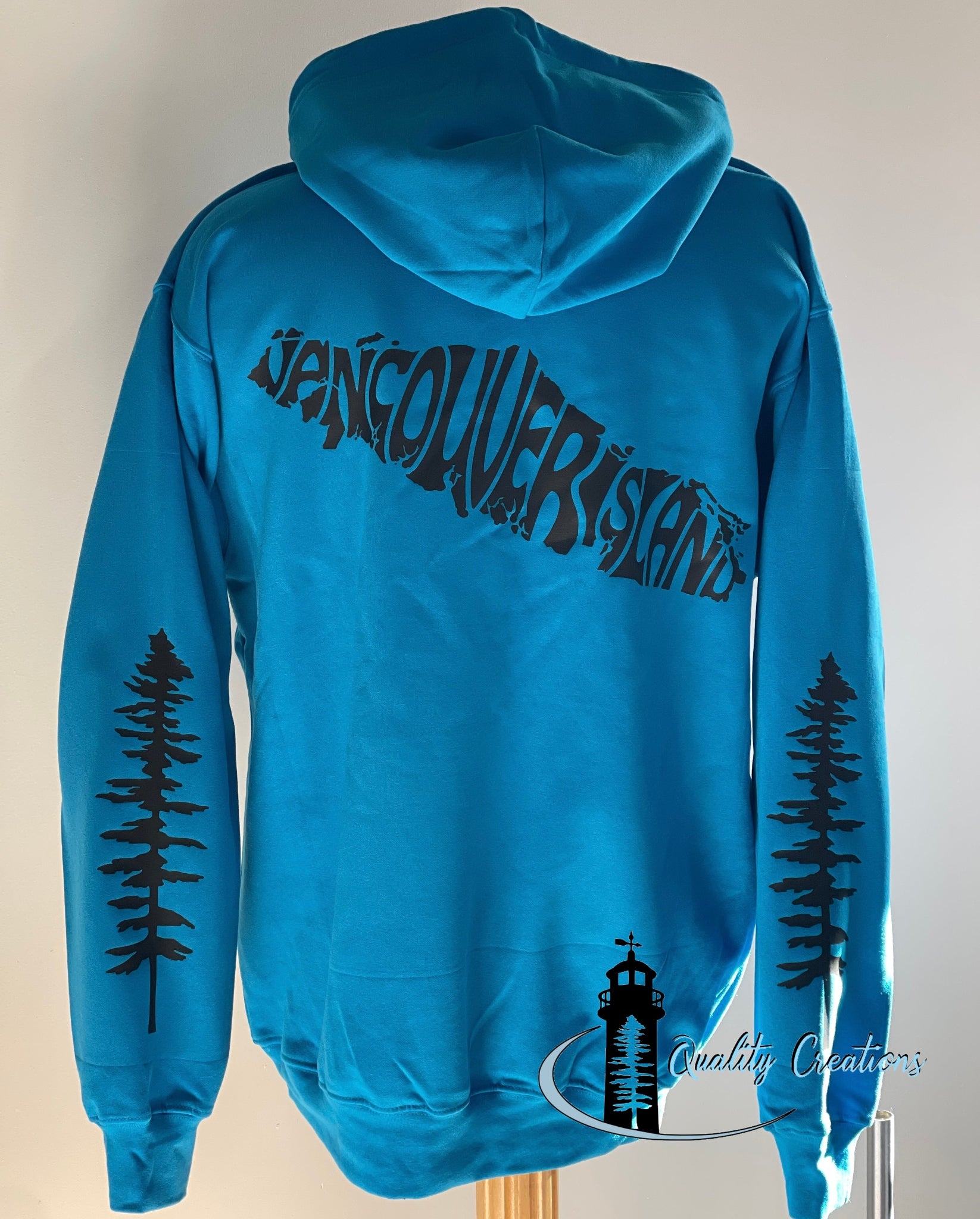 Vancouver island design with Sitka tree on arms, blue hoodie, black design font, Campbell river, Courtney, Canada, qualitycreations247, Ontario, newbrunswick, nb, Salisbury, Moncton range 