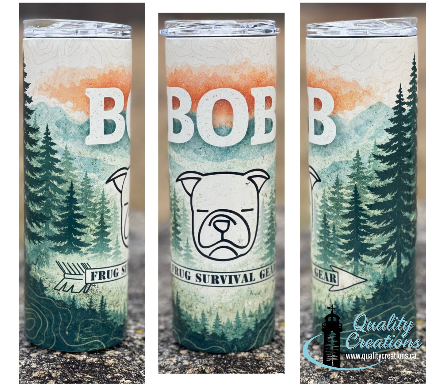 Three views of a tall insulated tumbler with a clear lid, featuring a forest and mountain design with the text 'BOB FRUG SURVIVAL' and a bear outline on the front. 
