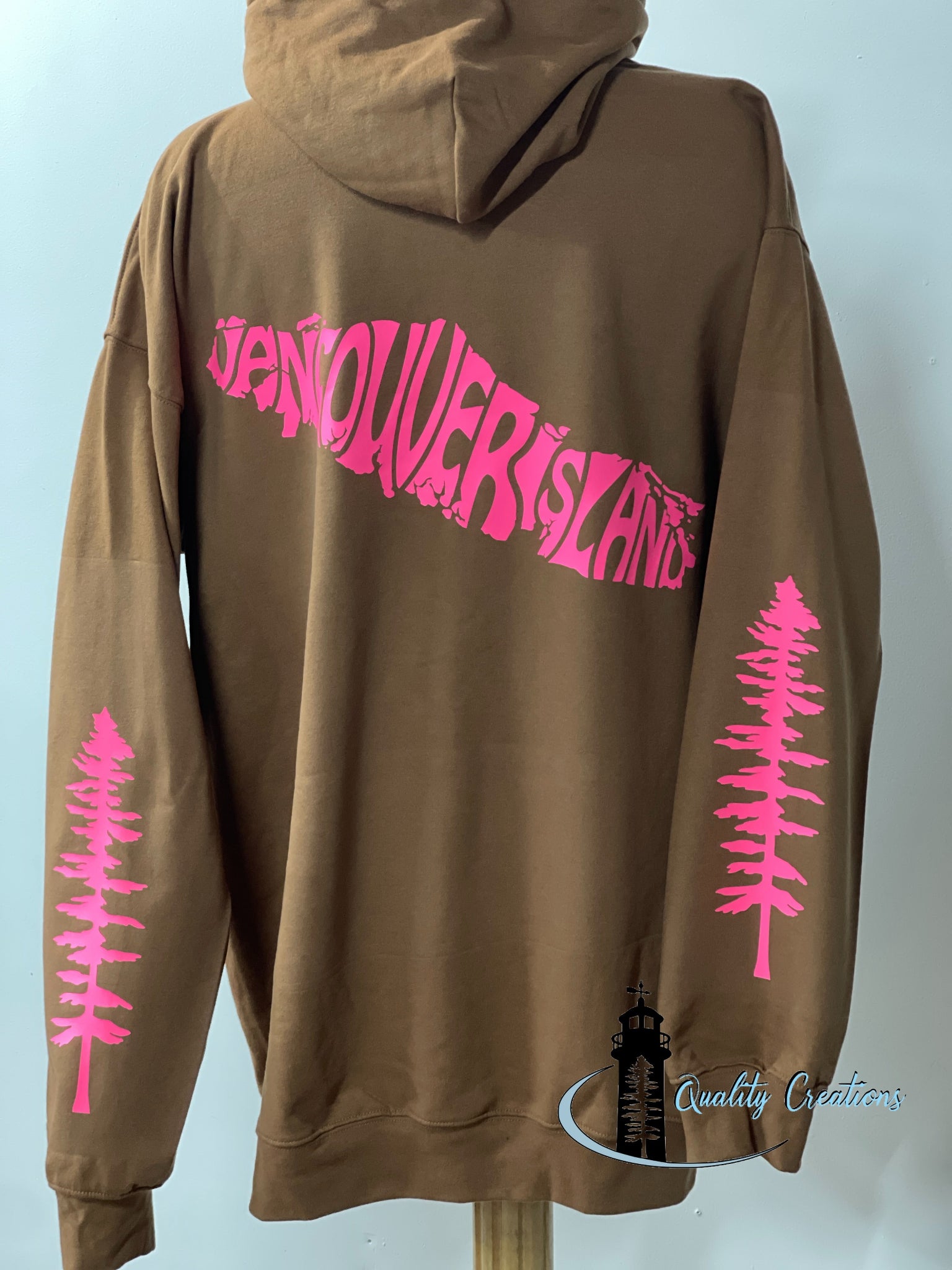 Vancouver island design with Sitka tree on arms, chocolate brown hoodie, hot pink design font, Campbell river, Courtney, Canada, qualitycreations247, Ontario, newbrunswick, nb, Salisbury, Moncton range 