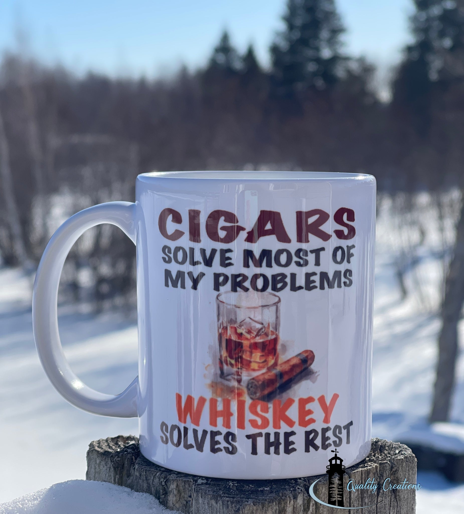 11oz White ceramic mug with the phrase “Cigars solve most of my problems, whiskey solves the rest”, featuring a glass of whiskey and a cigar graphic. Humorous gift for cigar lovers, whiskey fans, or anyone with a bold sense of humour.