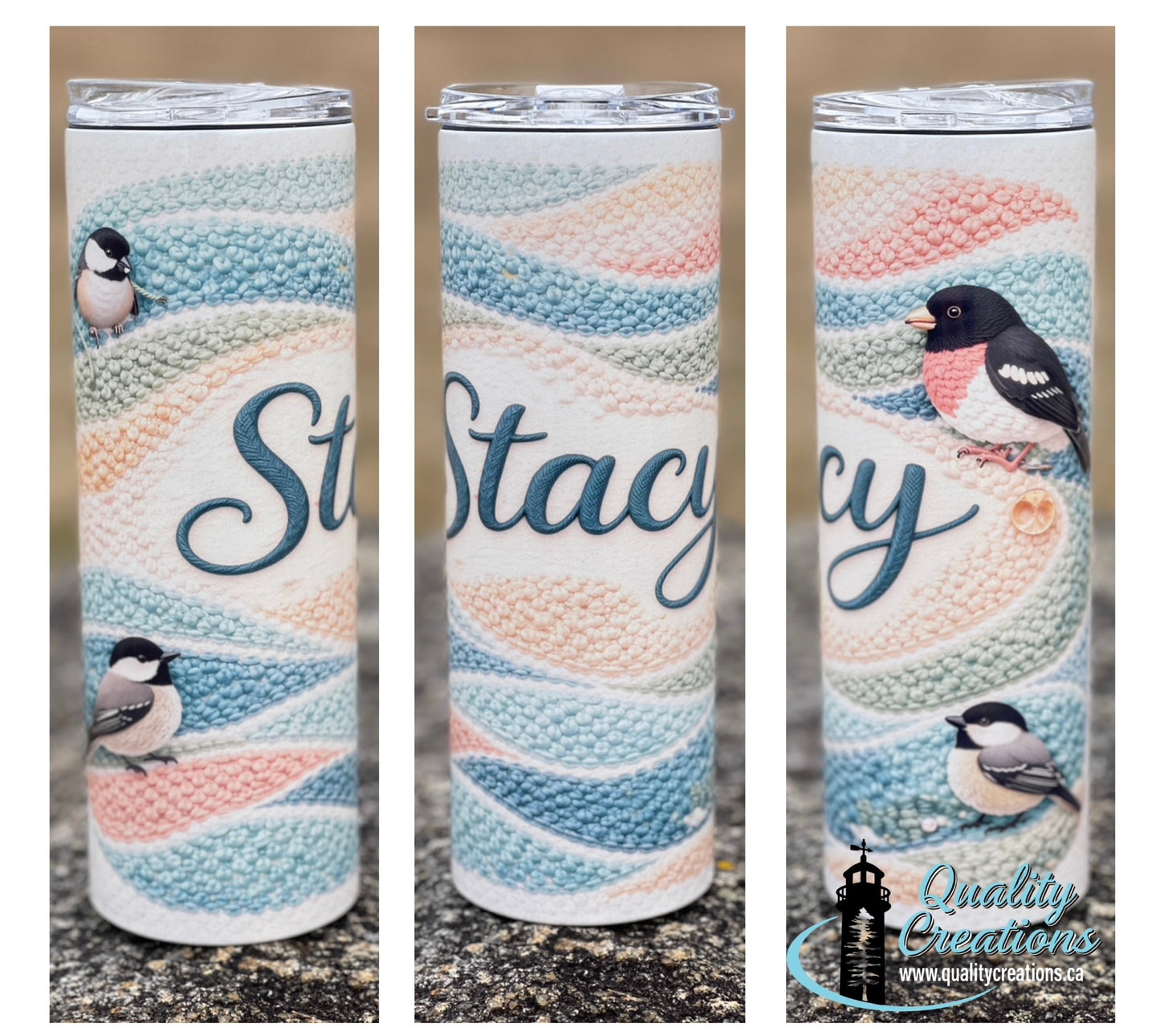 Three views of a skinny tumbler with a knitted wavy pattern in pastel blue, pink, and beige, featuring bird illustrations and the name 'Stacy' in script. The tumbler has a clear plastic lid and is shown on a stone surface with a blurred outdoor background.
