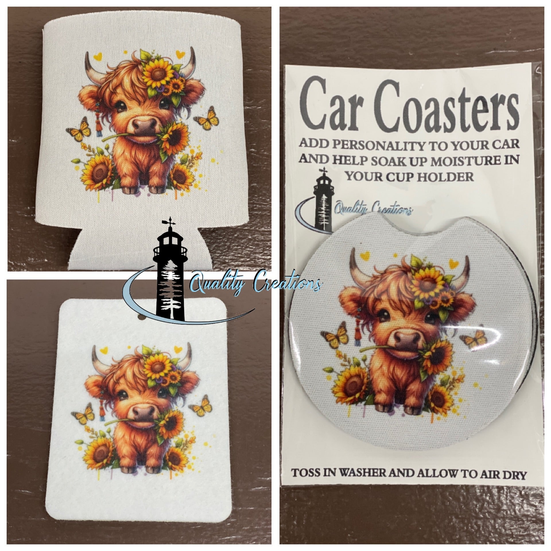 Highland cow, air fresher, car coaster, can cooler, quality creations247, Moncton, Salisbury, Canada 