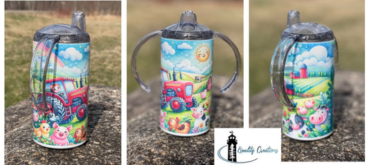 Farm-themed leak-proof sippy cup featuring a bright red tractor, smiling farm animals, and colorful fields. Two-handle toddler cup, perfect for little hands, made on Canada, Salisbury, New Brunswick
