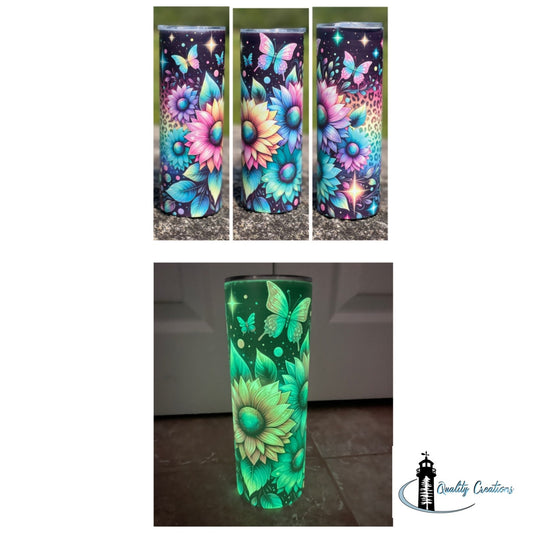 Glow-in-the-dark tumbler with colourful sunflower and butterfly design, 20oz size with straw, handcrafted in Salisbury NB, ships across Moncton and Canada