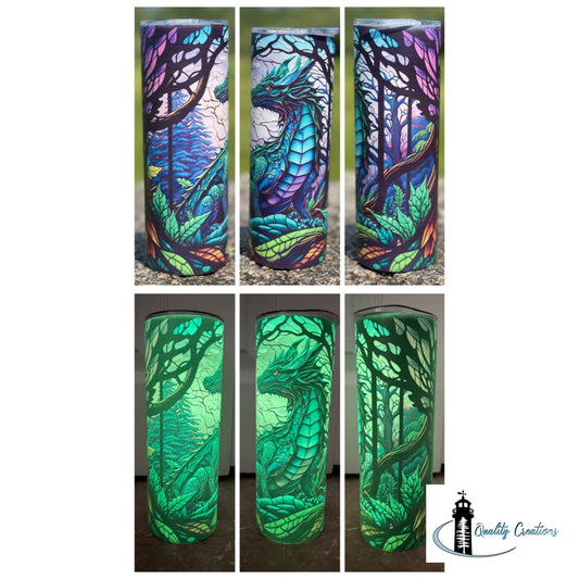 Glow-in-the-dark dragon tumbler with fantasy forest artwork, available in Moncton, Salisbury, and across New Brunswick Canada – custom printed by Quality Creations