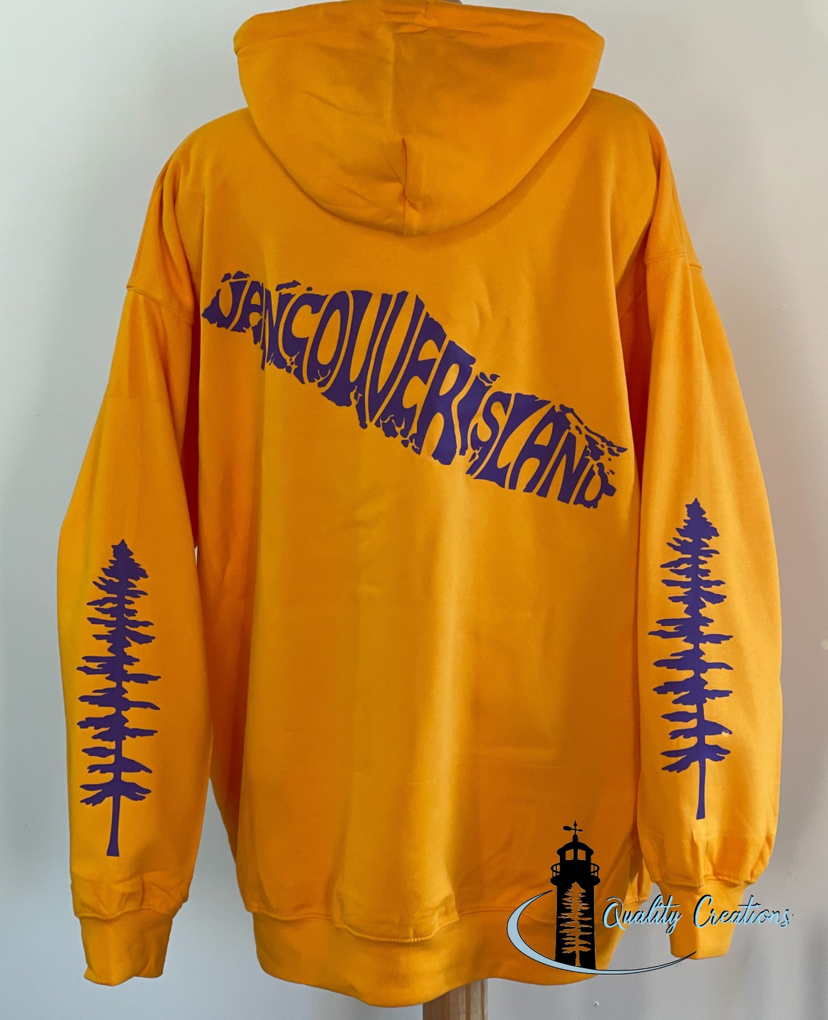Vancouver island design with Sitka tree on arms, gold hoodie, purple design font, Campbell river, Courtney, Canada, qualitycreations247, Ontario, newbrunswick, nb, Salisbury, Moncton range 