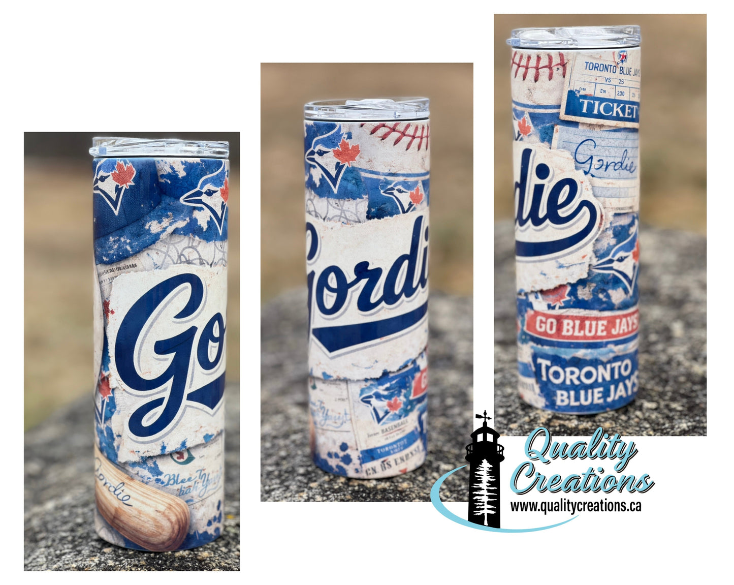 Gordie blue Three cylindrical decorative tumbler styled with baseball graphics, shown in a collage with a Quality Creations watermark.