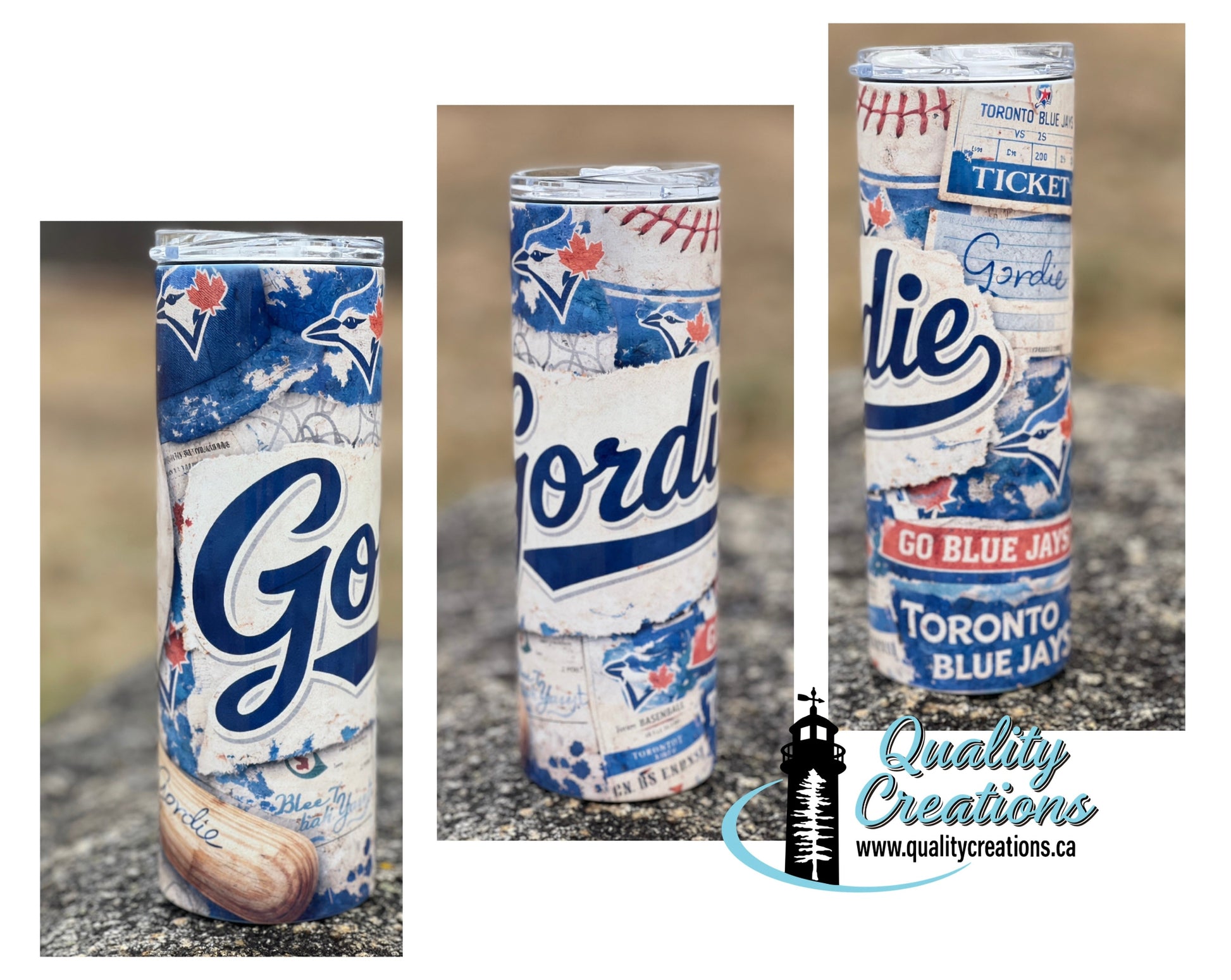 Gordie blue Three cylindrical decorative tumbler styled with baseball graphics, shown in a collage with a Quality Creations watermark.