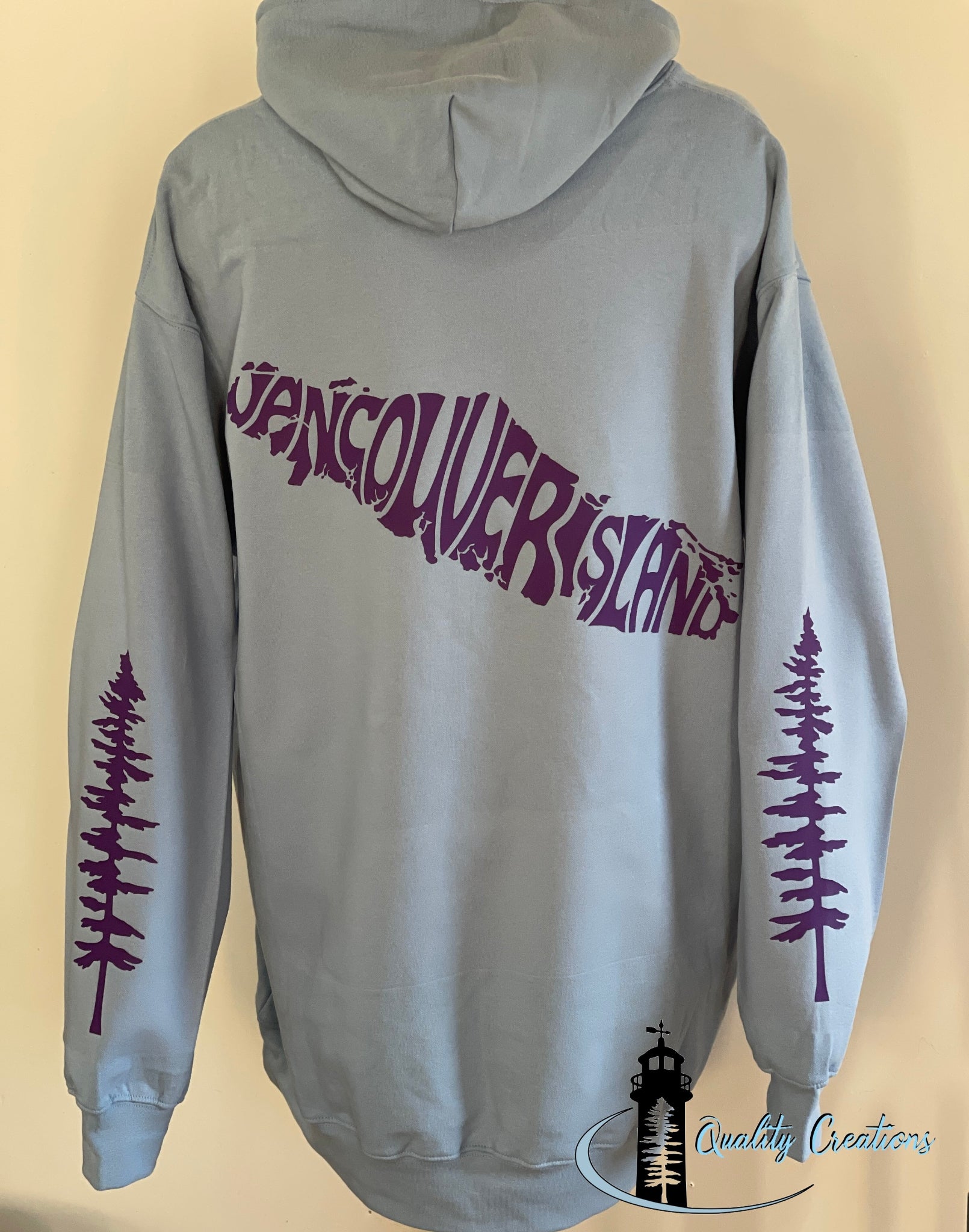 Vancouver island design with Sitka tree on arms, grey hoodie, burgundy design font, Campbell river, Courtney, Canada, qualitycreations247, Ontario, newbrunswick, nb, Salisbury, Moncton range 