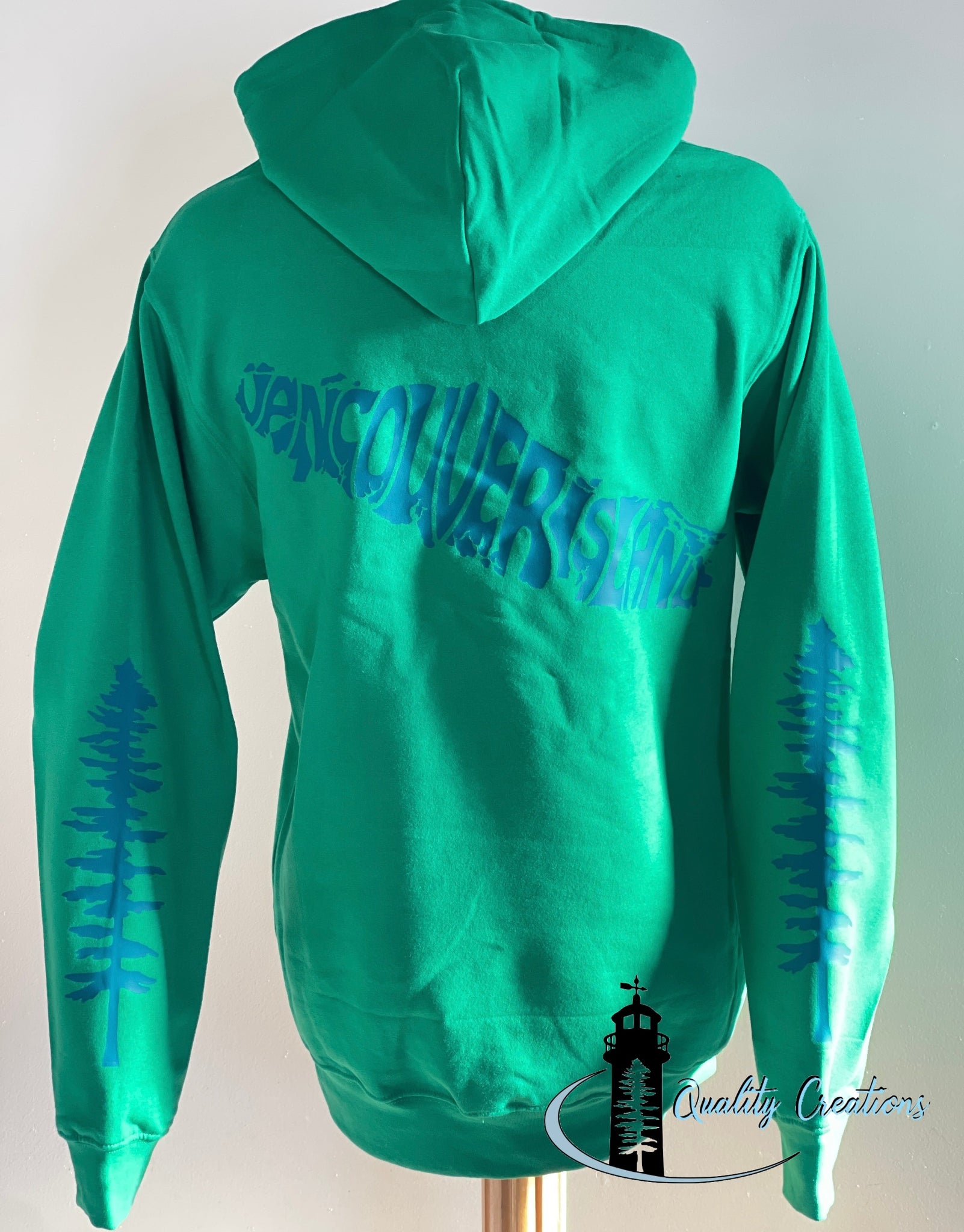 Vancouver island design with Sitka tree on arms, green hoodie, blue design font, Campbell river, Courtney, Canada, qualitycreations247, Ontario, newbrunswick, nb, Salisbury, Moncton range 