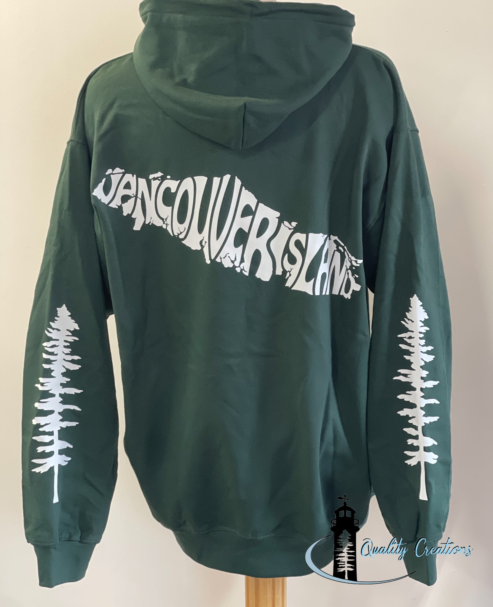 Vancouver island design with Sitka tree on arms, green hoodie, white design font, Campbell river, Courtney, Canada, qualitycreations247, Ontario, newbrunswick, nb, Salisbury, Moncton range 