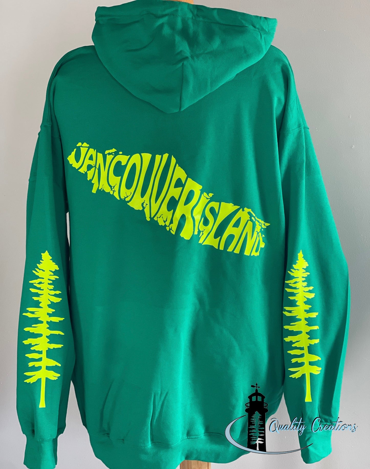 Vancouver island design with Sitka tree on arms, Kelly green hoodie, neon yellow design font, Campbell river, Courtney, Canada, qualitycreations247, Ontario, newbrunswick, nb, Salisbury, Moncton range 