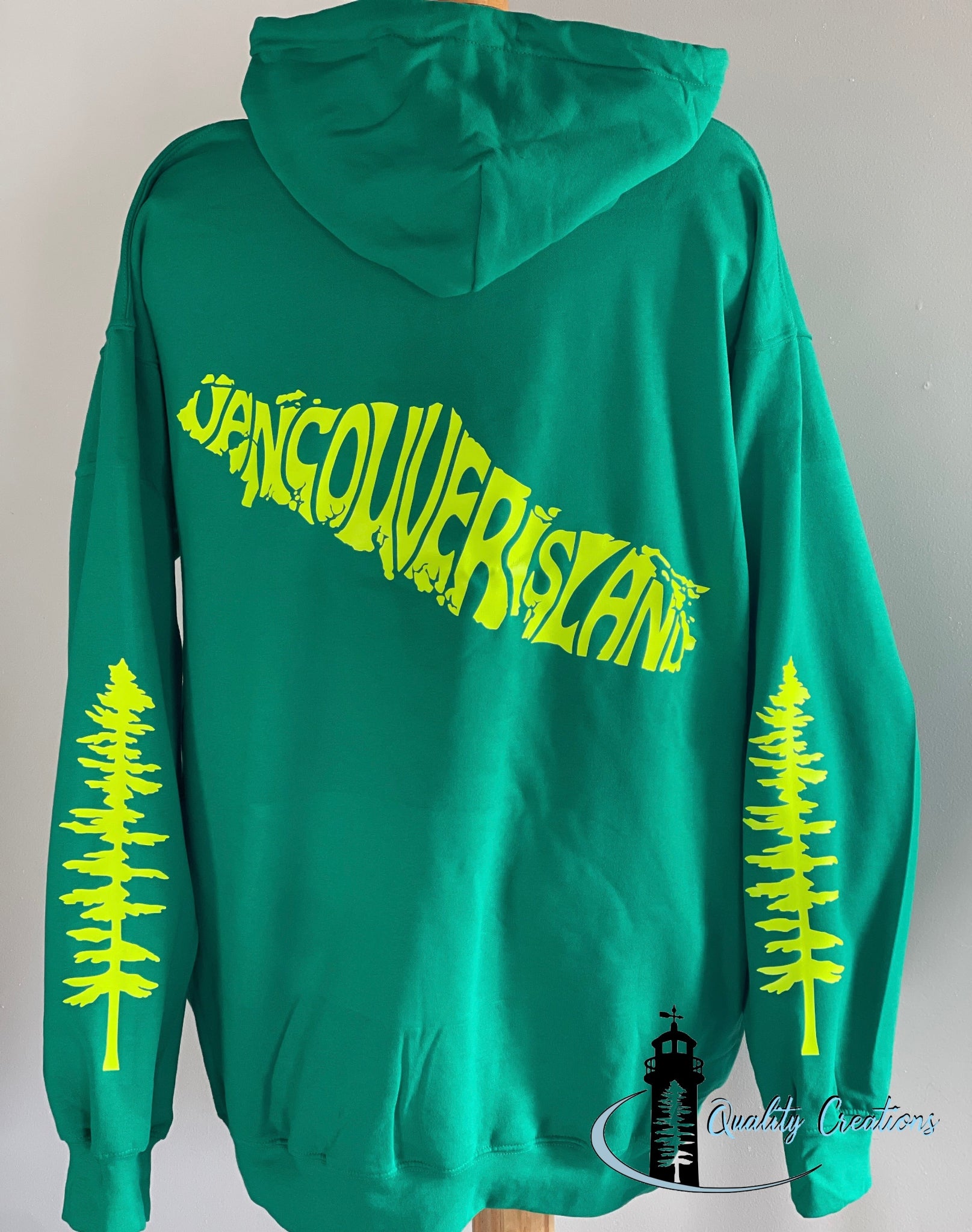 Vancouver island design with Sitka tree on arms, Kelly green hoodie, neon yellow design font, Campbell river, Courtney, Canada, qualitycreations247, Ontario, newbrunswick, nb, Salisbury, Moncton range 