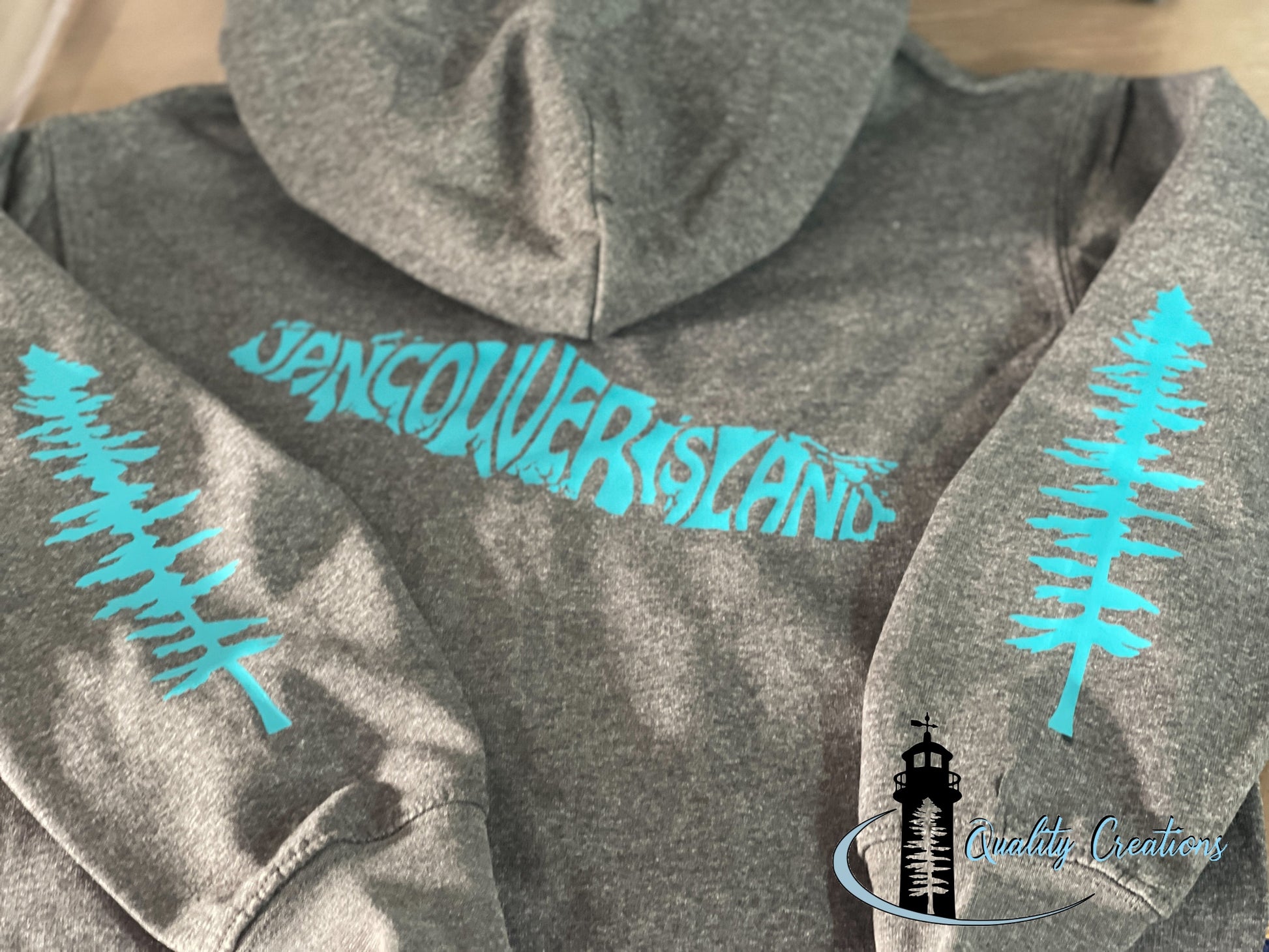 Vancouver island design with Sitka tree on arms, grey hoodie, blue design font, Campbell river, Courtney, Canada, qualitycreations247, Ontario, newbrunswick, nb, Salisbury, Moncton 