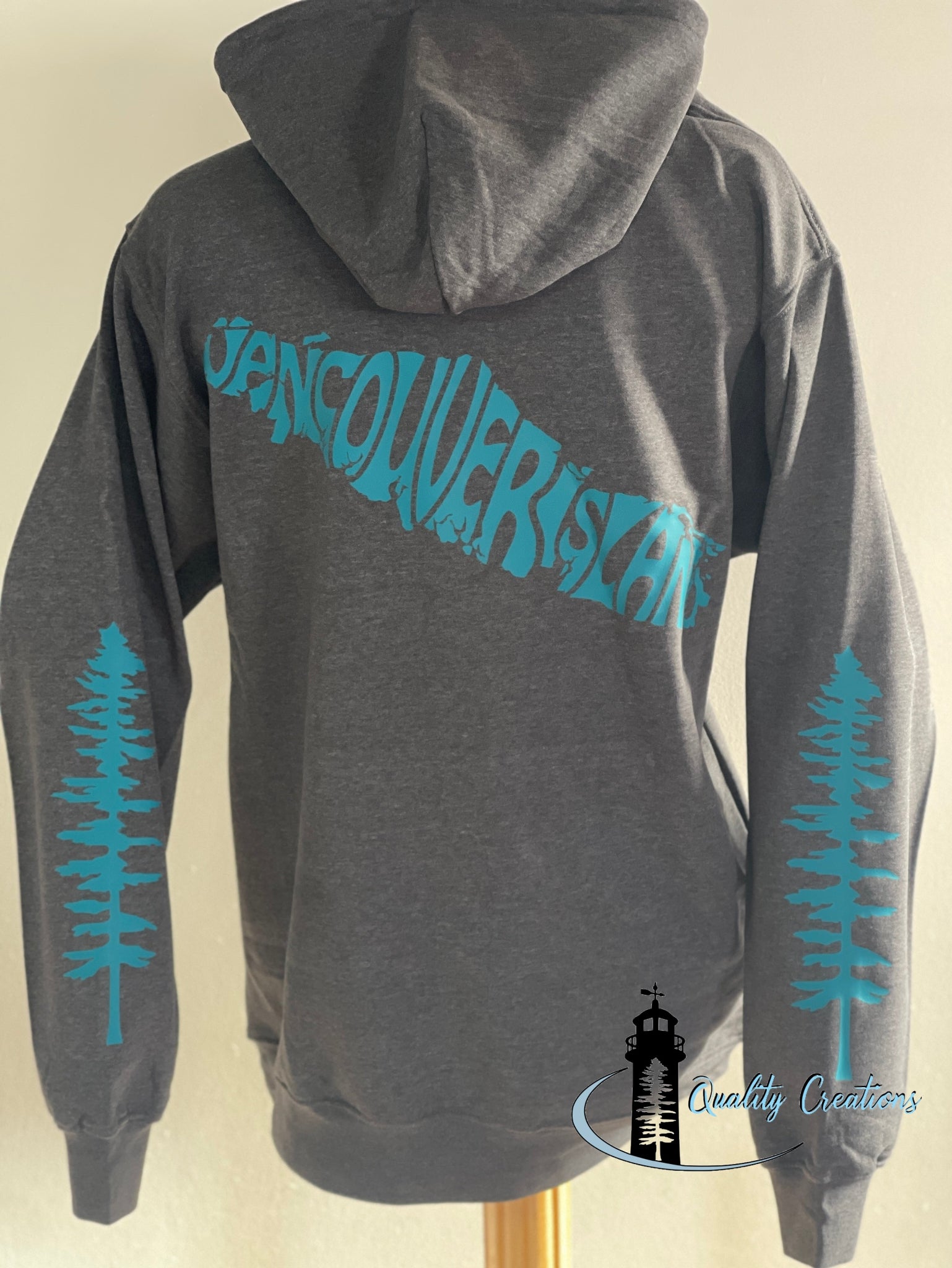 Vancouver island design with Sitka tree on arms, grey hoodie, blue design font, Campbell river, Courtney, Canada, qualitycreations247, Ontario, newbrunswick, nb, Salisbury, Moncton range 