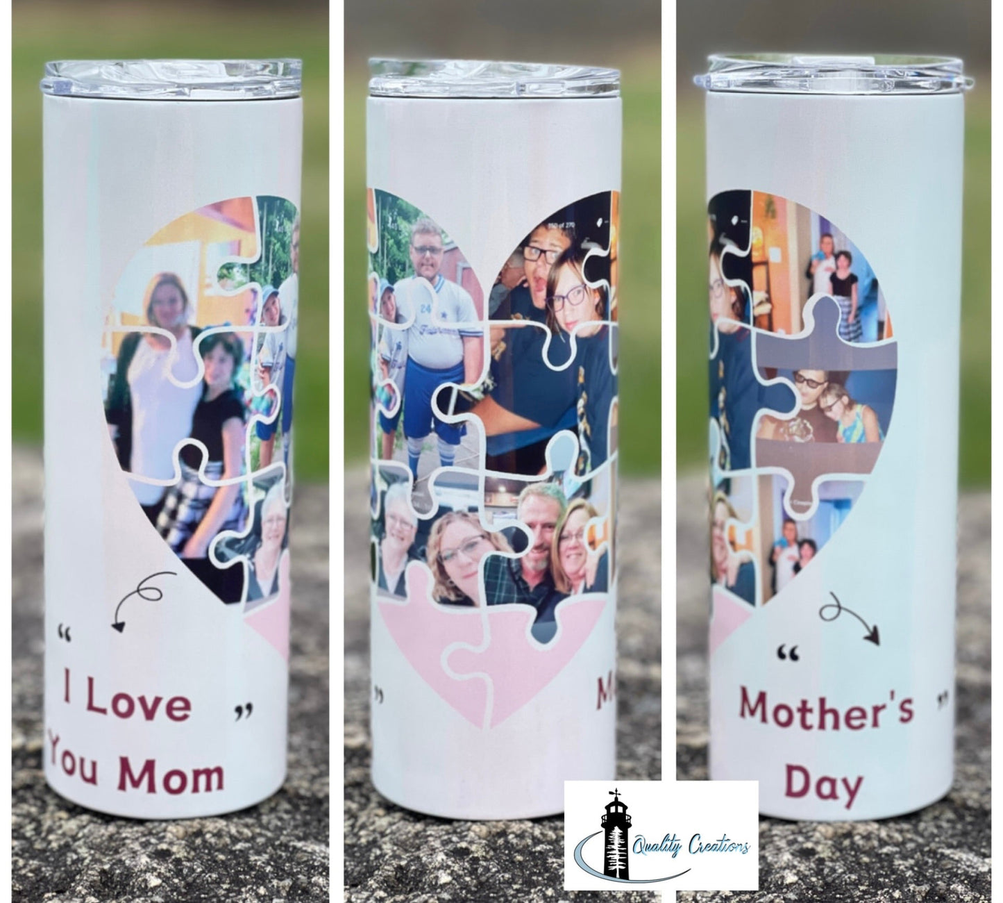 Three white insulated tumblers with clear lids are shown in a three-panel collage. Each tumbler has a large heart-shaped jigsaw puzzle photo print on the front and text near the bottom including 'I Love You Mom' and 'Mother's Day.