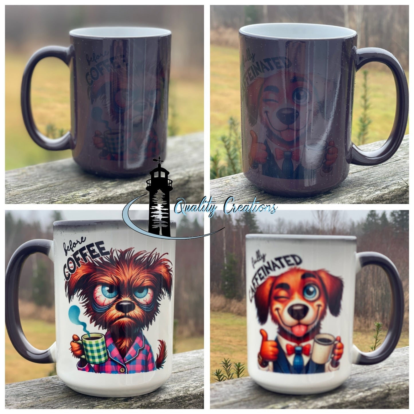 Heat-sensitive magic mug featuring a grumpy dog holding a mug on one side and a cheerful, caffeinated dog on the other. Design appears when hot liquid is added. Fun and unique coffee lover gift.
