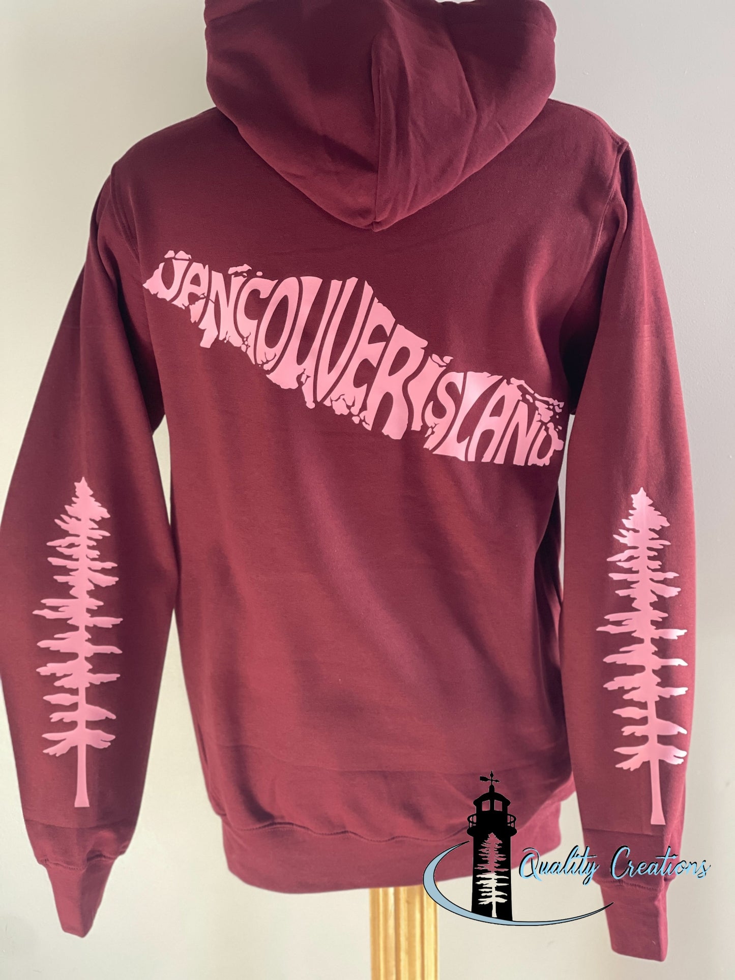 Vancouver island design with Sitka tree on arms, maroon hoodie, light pink design font, Campbell river, Courtney, Canada, qualitycreations247, Ontario, newbrunswick, nb, Salisbury, Moncton range 