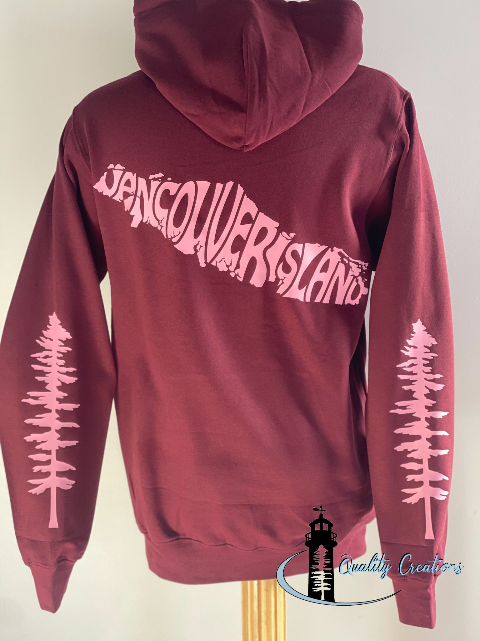 Vancouver island design with Sitka tree on arms, maroon hoodie, light pink design font, Campbell river, Courtney, Canada, qualitycreations247, Ontario, newbrunswick, nb, Salisbury, Moncton range 