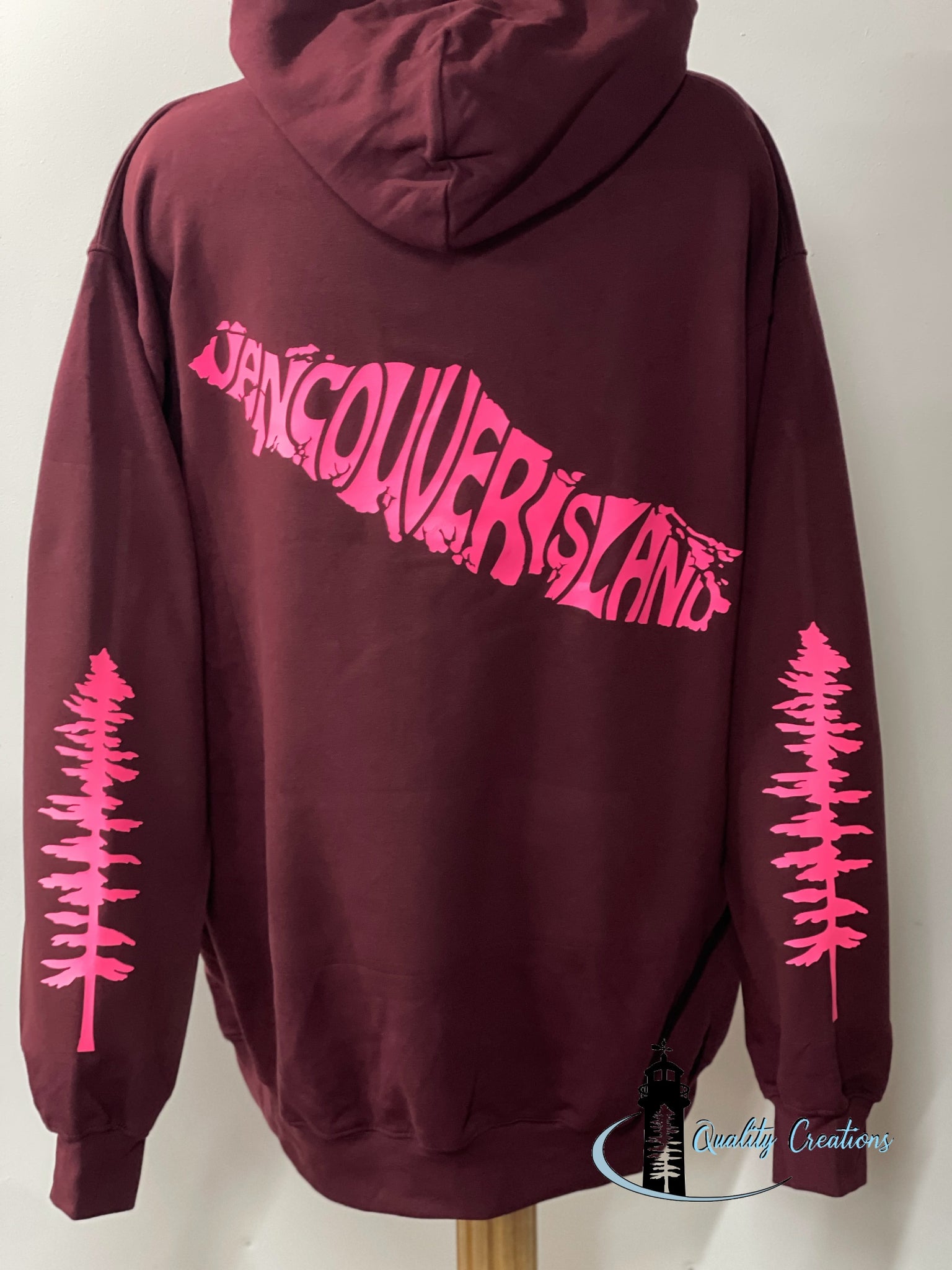 Vancouver island design with Sitka tree on arms, maroon hoodie, hot pink design font, Campbell river, Courtney, Canada, qualitycreations247, Ontario, newbrunswick, nb, Salisbury, Moncton range 
