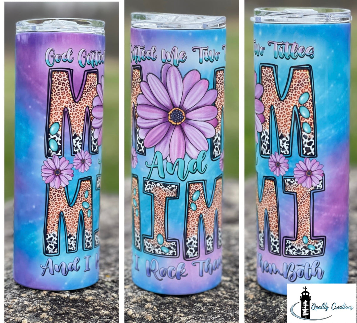 Three views of a custom insulated tumbler with a purple and blue gradient background, featuring the word 'MIMI' in leopard print letters, a large purple flower, and the phrase 'Great Gift, Great We Tour T.
