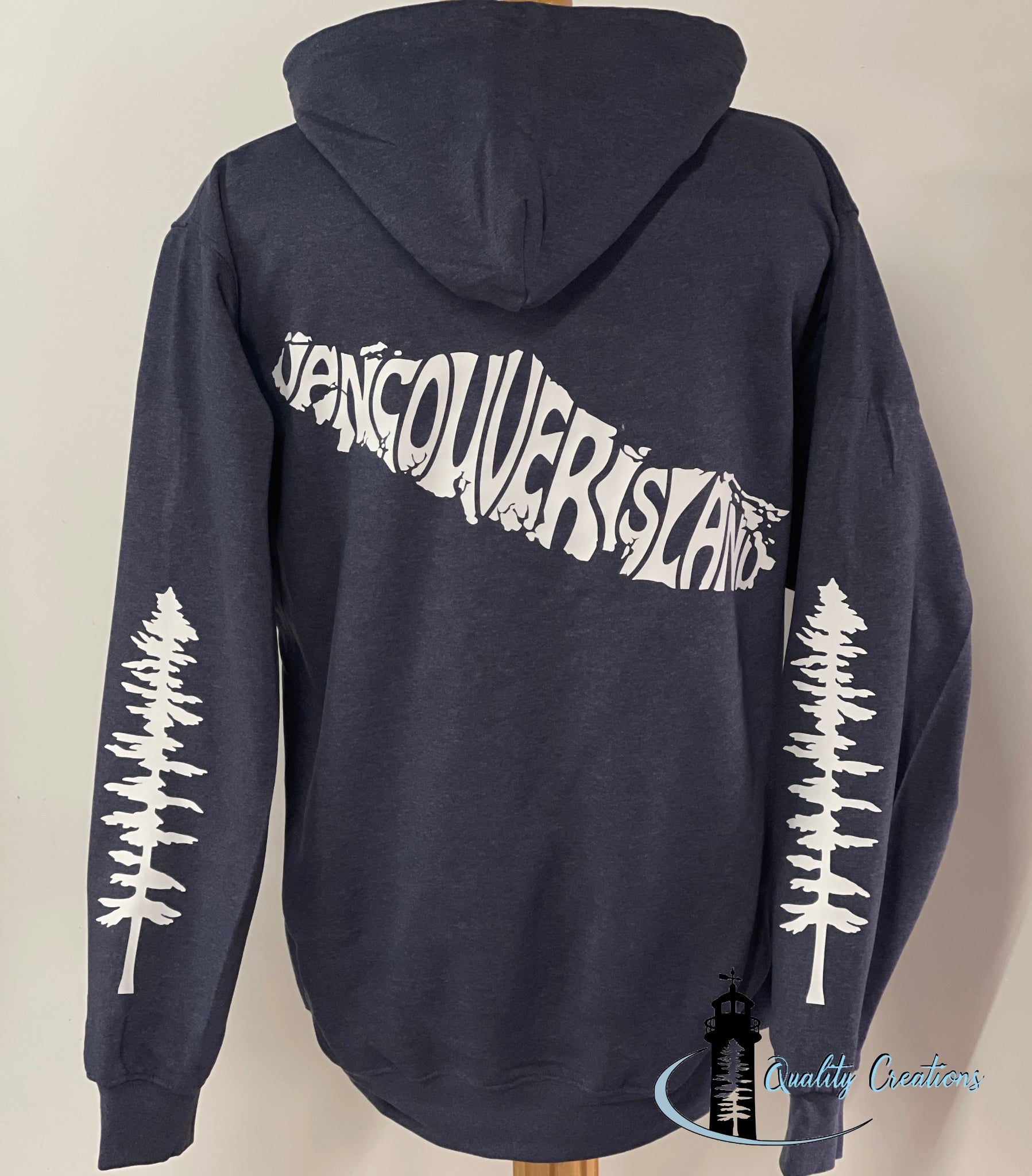 Vancouver island design with Sitka tree on arms, navy blue hoodie, white design font, Campbell river, Courtney, Canada, qualitycreations247, Ontario, newbrunswick, nb, Salisbury, Moncton 