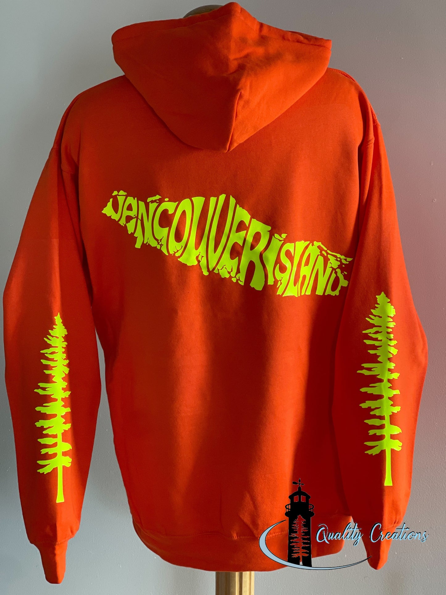 Vancouver island design with Sitka tree on arms, orange hoodie, neon yellow design font, Campbell river, Courtney, Canada, qualitycreations247, Ontario, newbrunswick, nb, Salisbury, Moncton range 